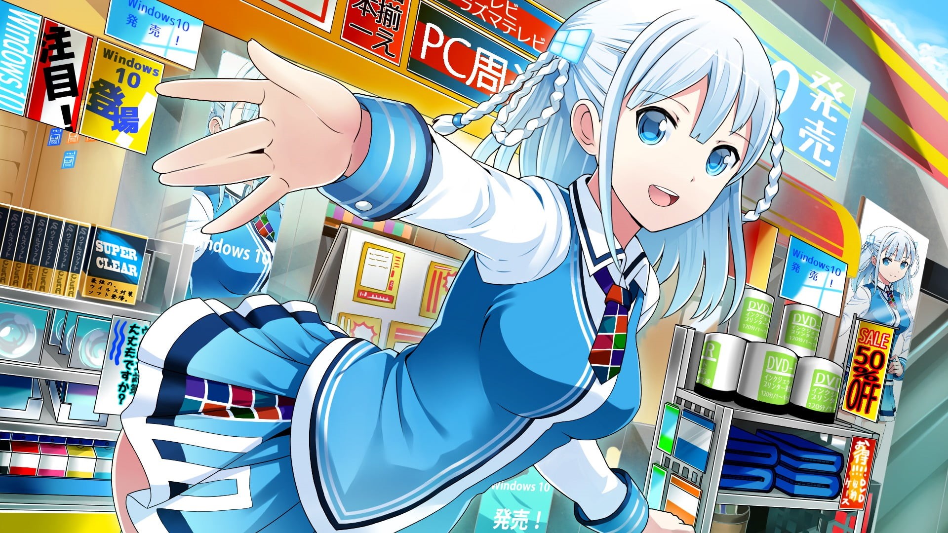 Windows 10, creativity, anime, female, amusement park, sign, travel, haired, anime girls, os-tan, blue, text, Madobe Touko, no people, amusement park ride, HD Wallpaper