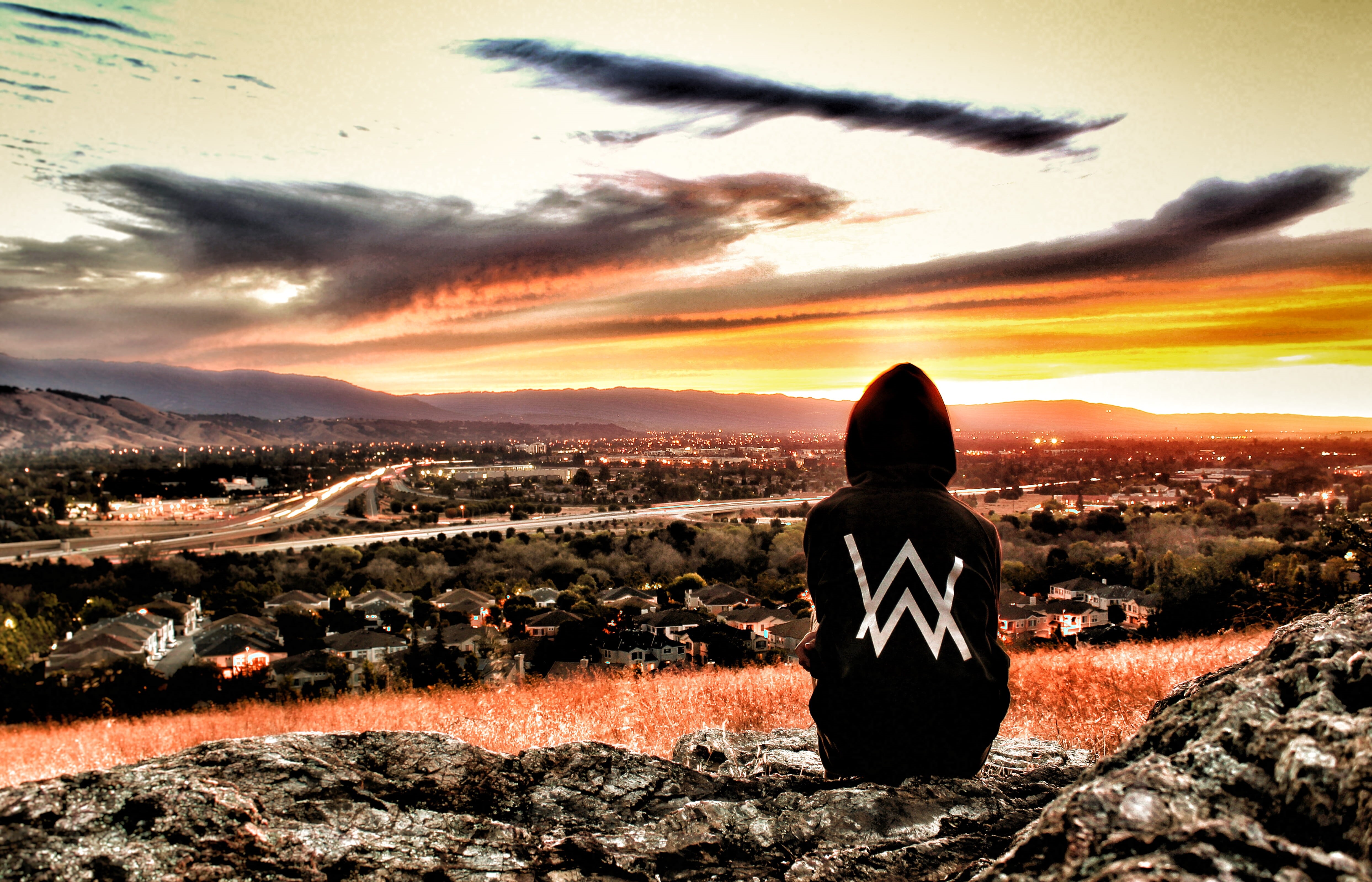 nature, one person, tranquility, scenics - nature, orange color, idyllic, sitting, united states, mountain, sun, 4K, sunset, hood - clothing, tranquil scene, HD Wallpaper