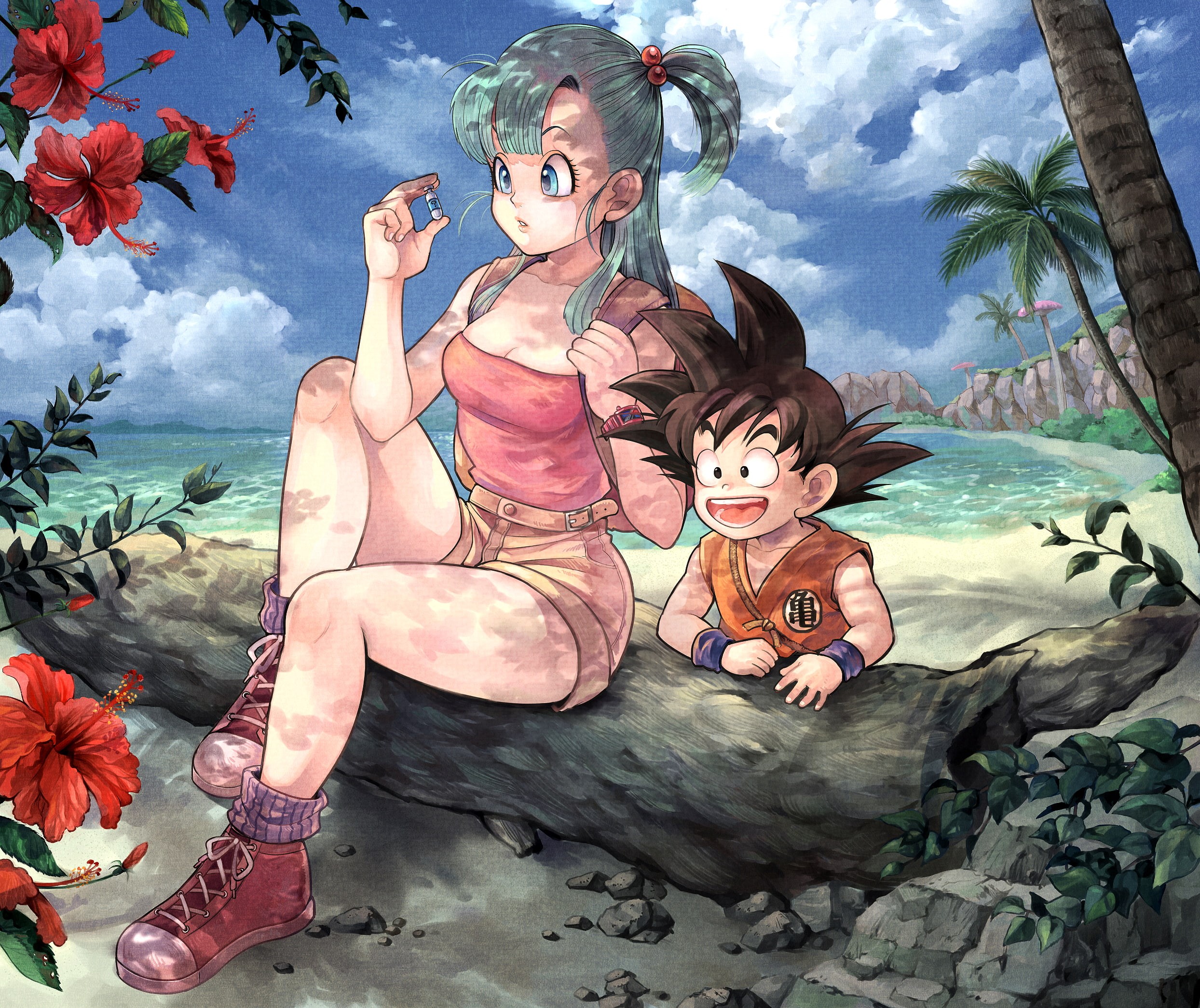 Dragon Ball, beach, Son Goku, flowers, Young Bulma, 1080P, anime, Young Goku, Bulma, Capsule, HD Wallpaper