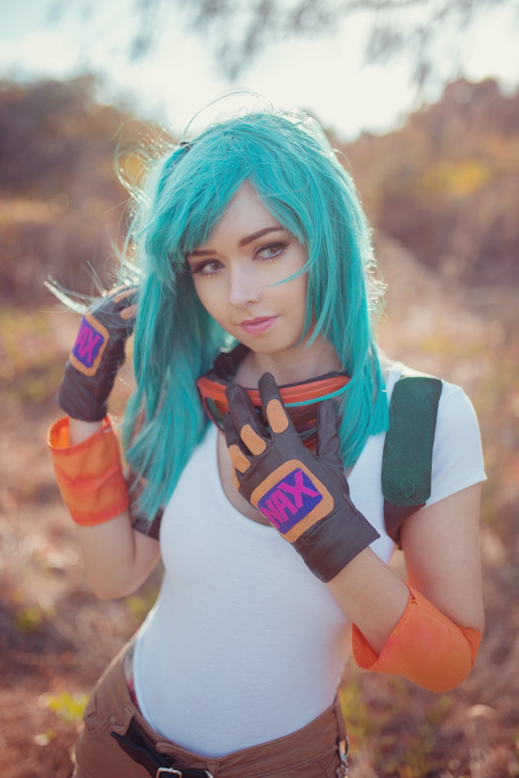 human limb, hair, dyed hair, Dragon Ball, gloves, adult, standing, Bulma, 720P, blue hair, outdoors, long hair, young adult, front view, costumes, three quarter length, Phone HD Wallpaper
