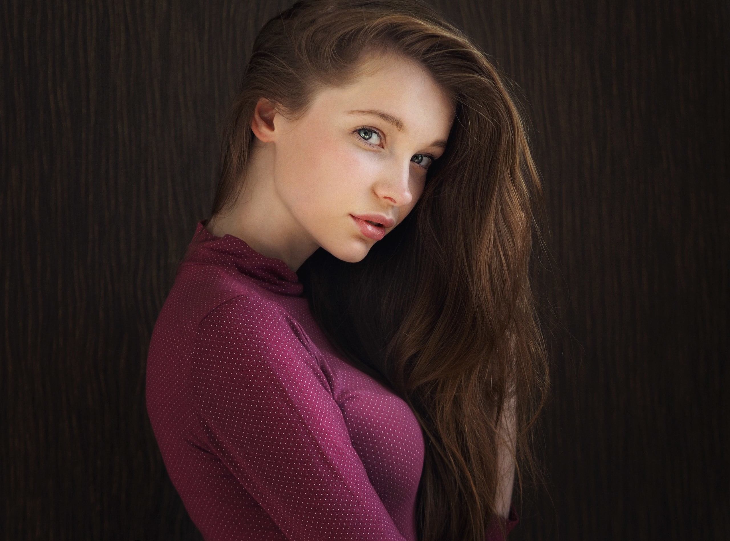 one person, brown hair, nice, women, lips, headshot, black background, russian, charming, violet, beautiful woman, fashion, eyes, s, lifestyles, light, HD Wallpaper