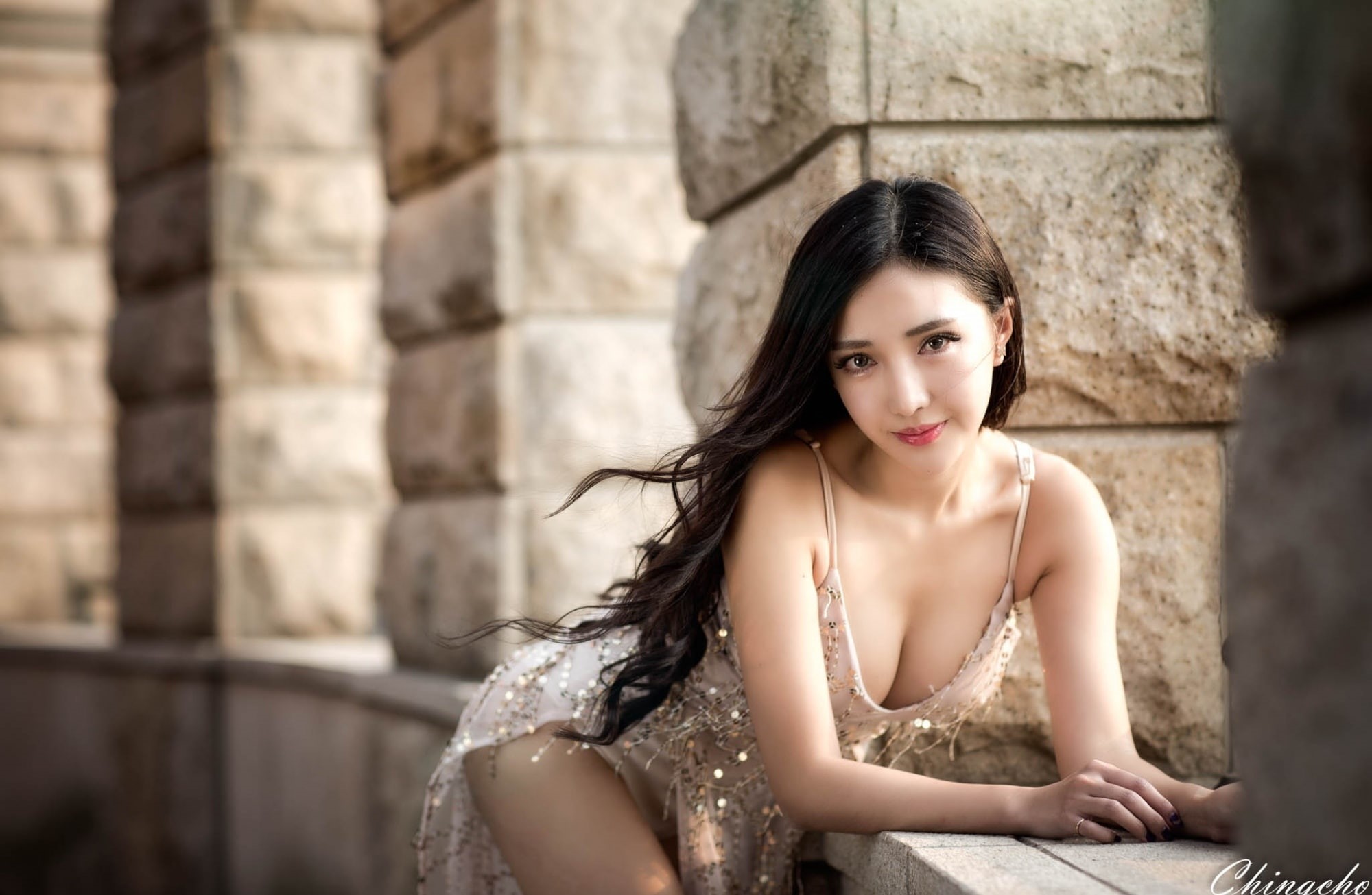 glamorous, Posing, feminine, young adult, Charming, adult, hair, 1080P, brown hair, People, portrait, contemplation, fashion, front view, Dress, hairstyle, HD Wallpaper