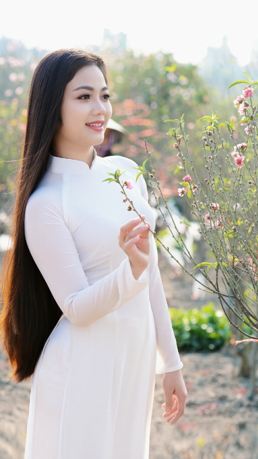 sleeved, beautiful woman, 1080P, dress, pink, one person, lifestyles, focus on foreground, daughter, smiling, flower, long hair, nature, graceful, peaceful, Phone HD Wallpaper