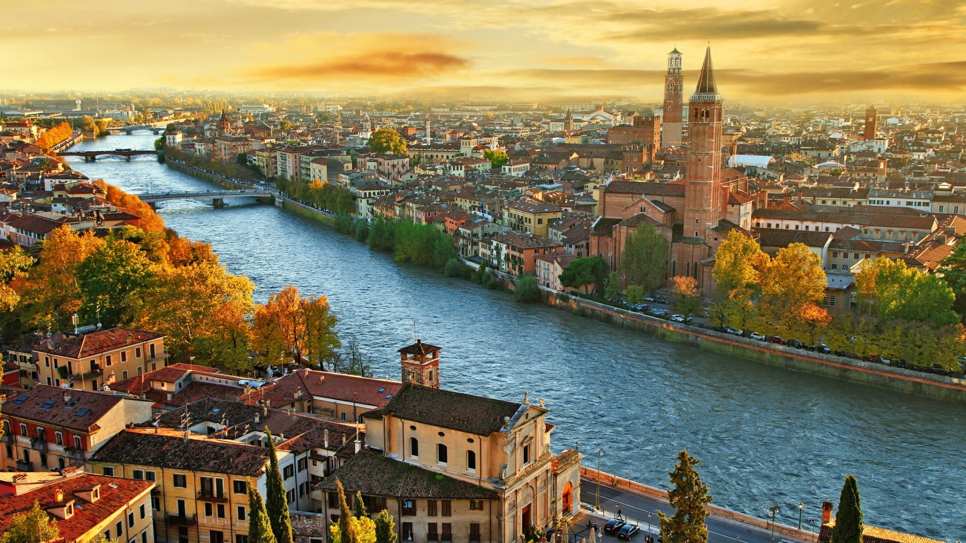 waterway, skyline, charming, river, cityscape, adige river, sky, verona, 1080P, urban area, italy, veneto, landmark, HD Wallpaper