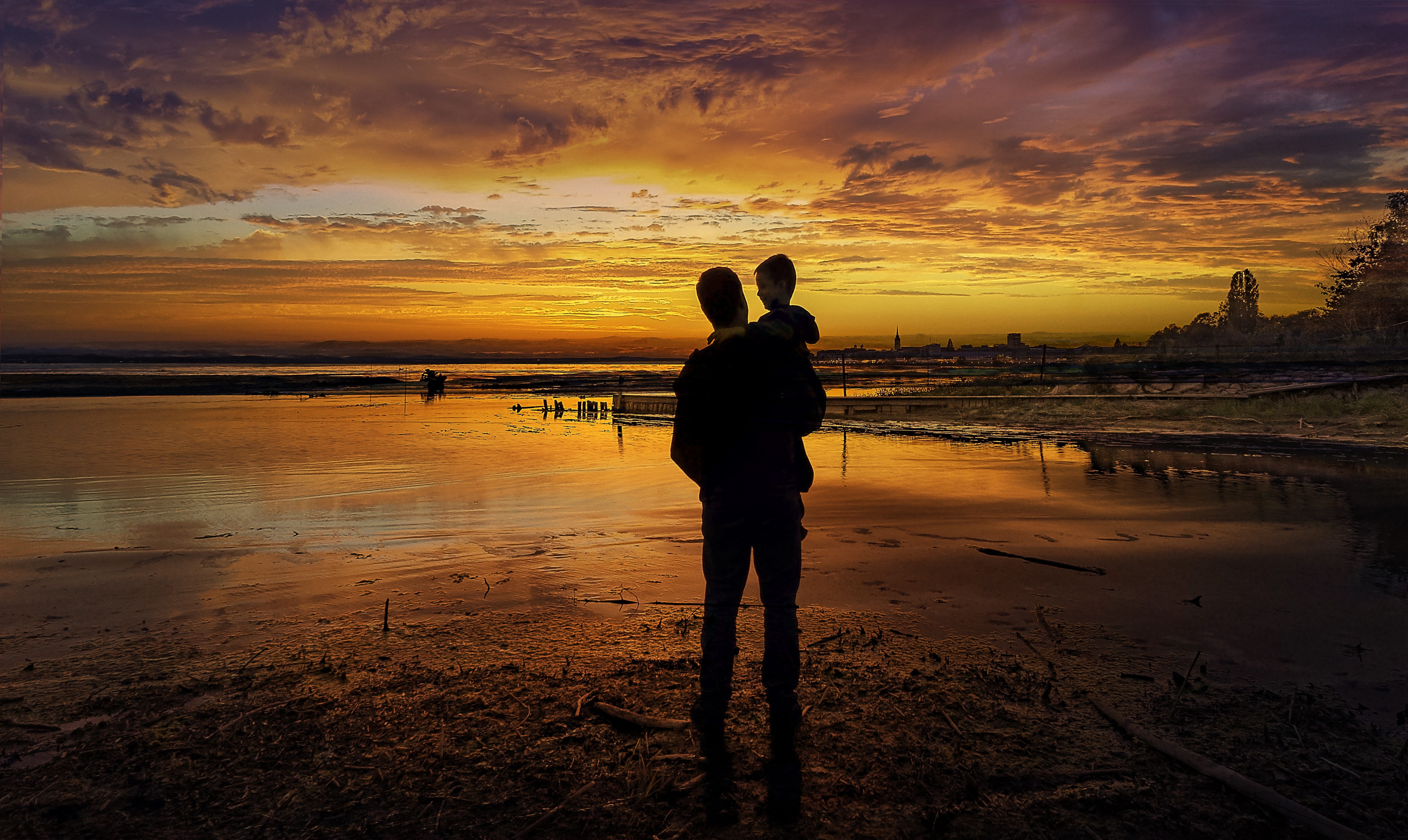 son, luck, human, abendstimmung, children, leisure activity, nature, land, sky, positive emotion, orange color, love, lake constance, man, two people, HD Wallpaper