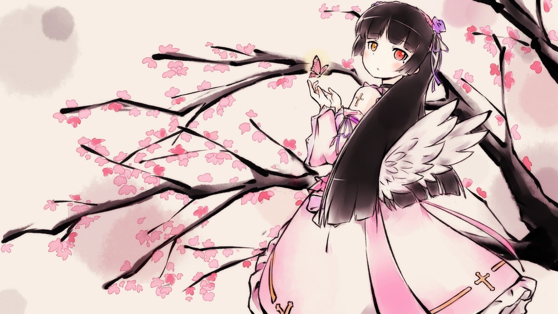 anime girls, cherry blossom, art and craft, nature, plant, beauty in nature, indoors, freshness, growth, tree, one person, pink color, branch, flower, digital composite, HD Wallpaper