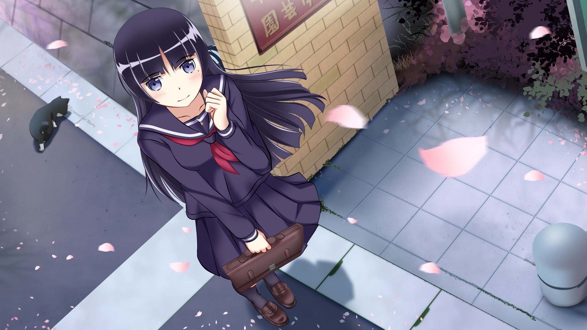 anime girls, schoolgirl, cat, 1080P, school uniform, Gokou Ruri, HD Wallpaper