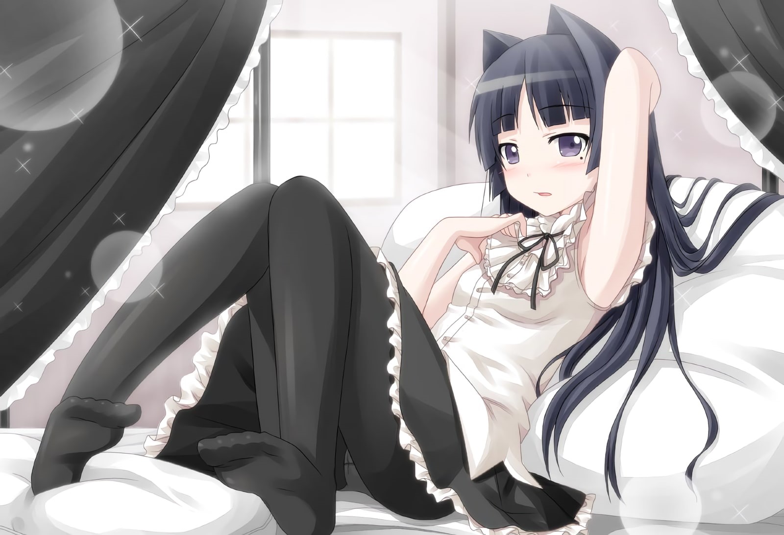 legs, 720P, anime girls, anime, natural light, Ore no Imouto ga Konnani Kawaii Wake ga Nai, maid, white skin, black eyes, dark hair, in bed, Gokou Ruri, HD Wallpaper