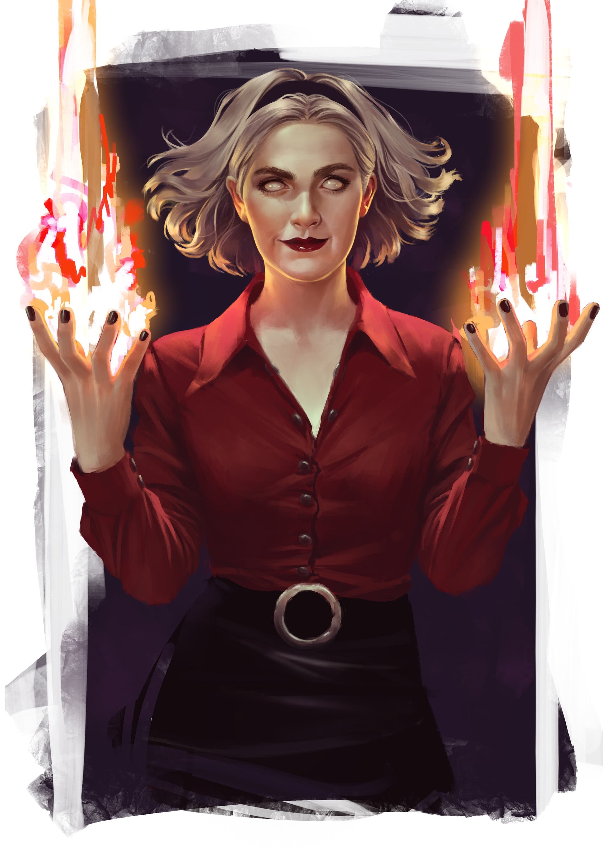 witch, digital painting, fire, digital art, Chilling Adventures of Sabrina, Kiernan Shipka, short hair, fan art, magic, portrait display, drawing, Sabrina Spellman, Phone HD Wallpaper