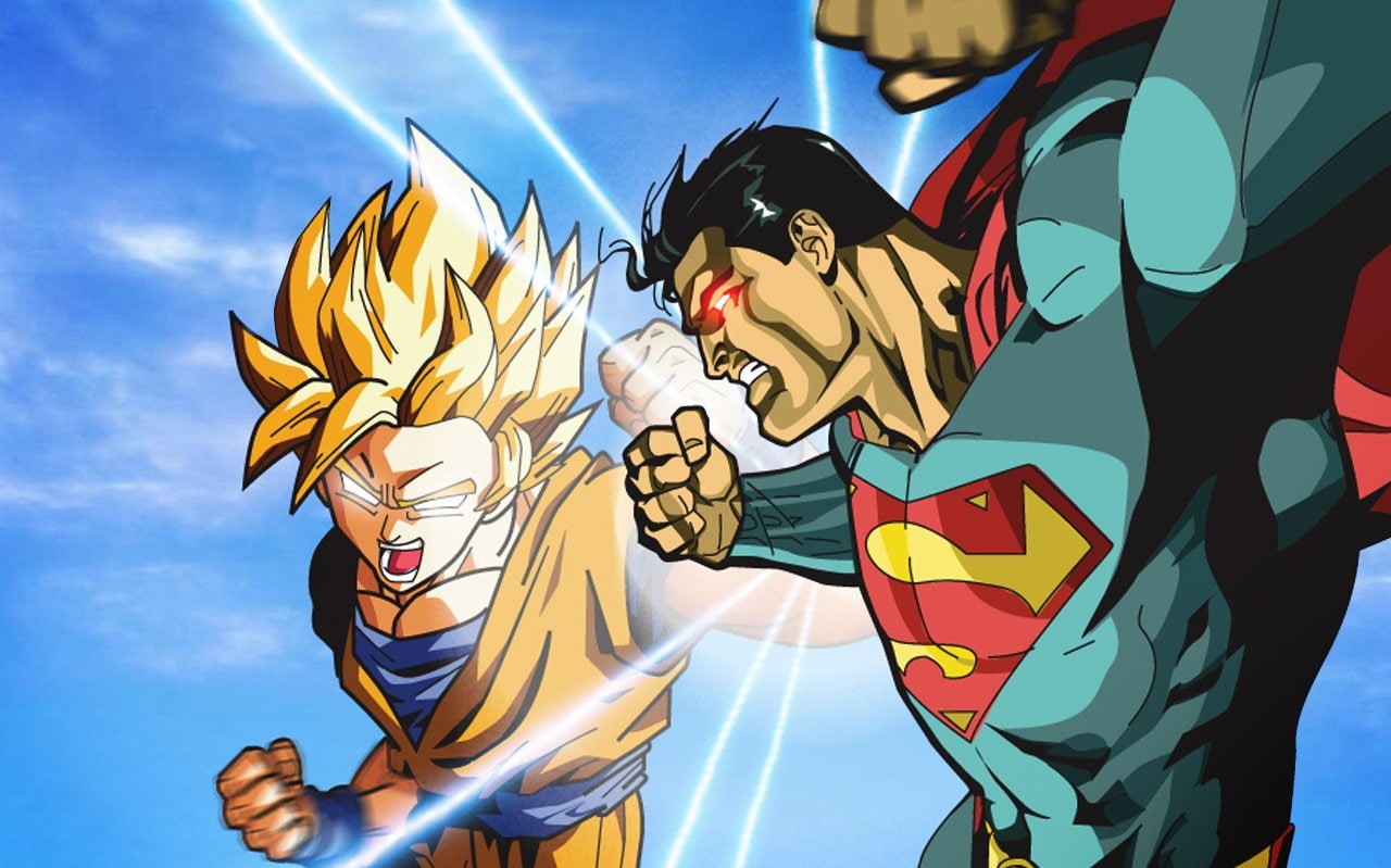 blue, 720P, people, Superman, sky, Goku, illustration, men, Crossover, guko, Anime, power, outdoors, vector, HD Wallpaper