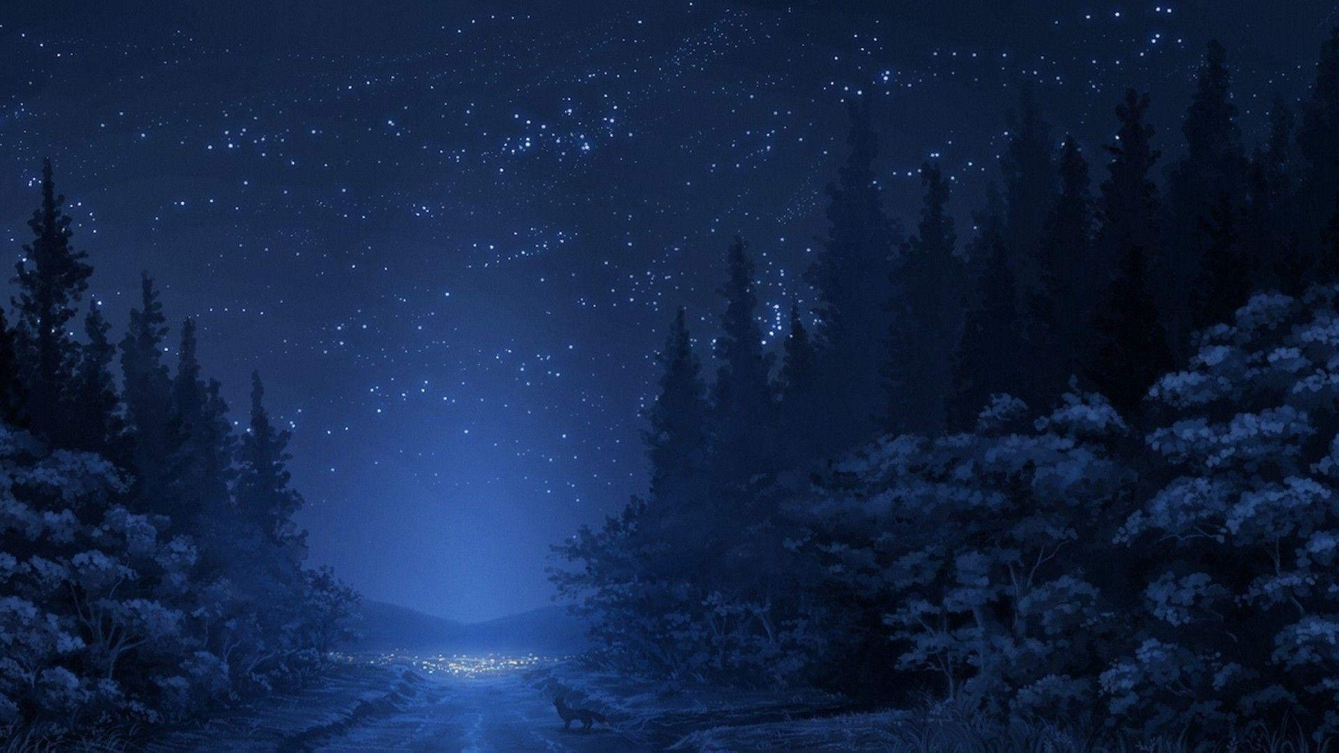 blue, night, stars, trees, foxes, forest, 1080P, path, forests, drawings, HD Wallpaper