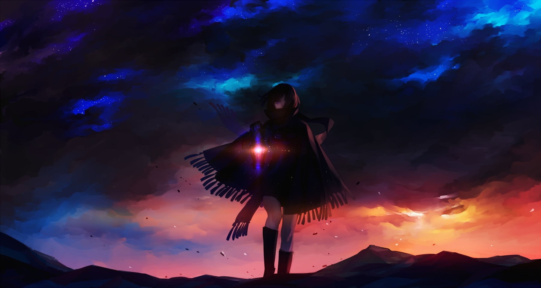 standing, beauty in nature, one person, light - Natural Phenomenon, nebula, futuristic, sky, galaxy, dark, 720P, men, alien, heaven, night, HD Wallpaper