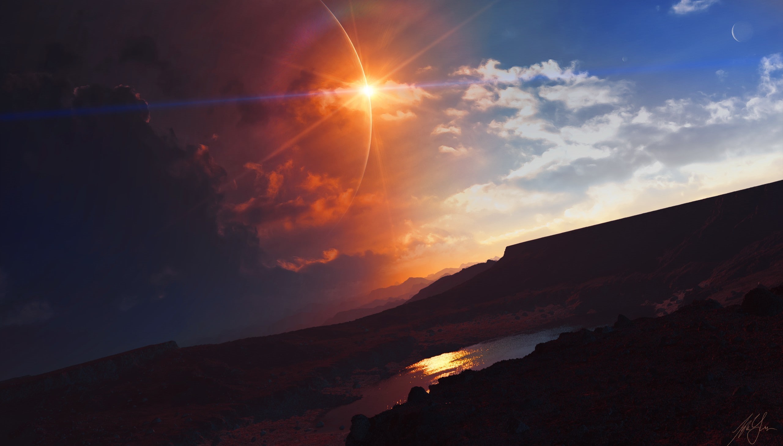 clouds, TylerCreatesWorlds, landscape, 2K, art, planet, lake, HD Wallpaper