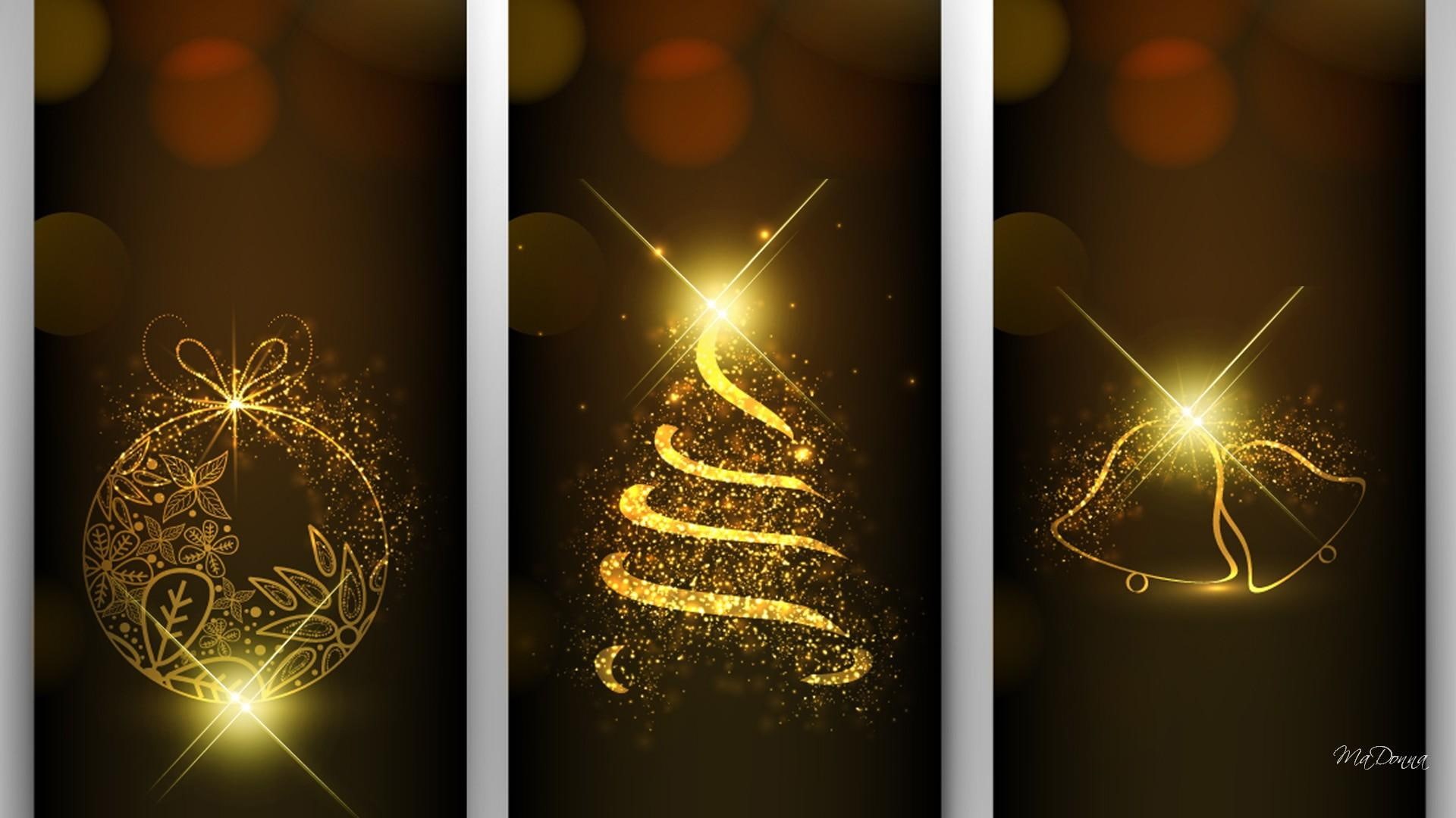 1080P, golden, new years, feliz navidad, decorations, christmas, 3d and abstra, illustration, tree, stars, bells, xmas, gold, bright, three, HD Wallpaper