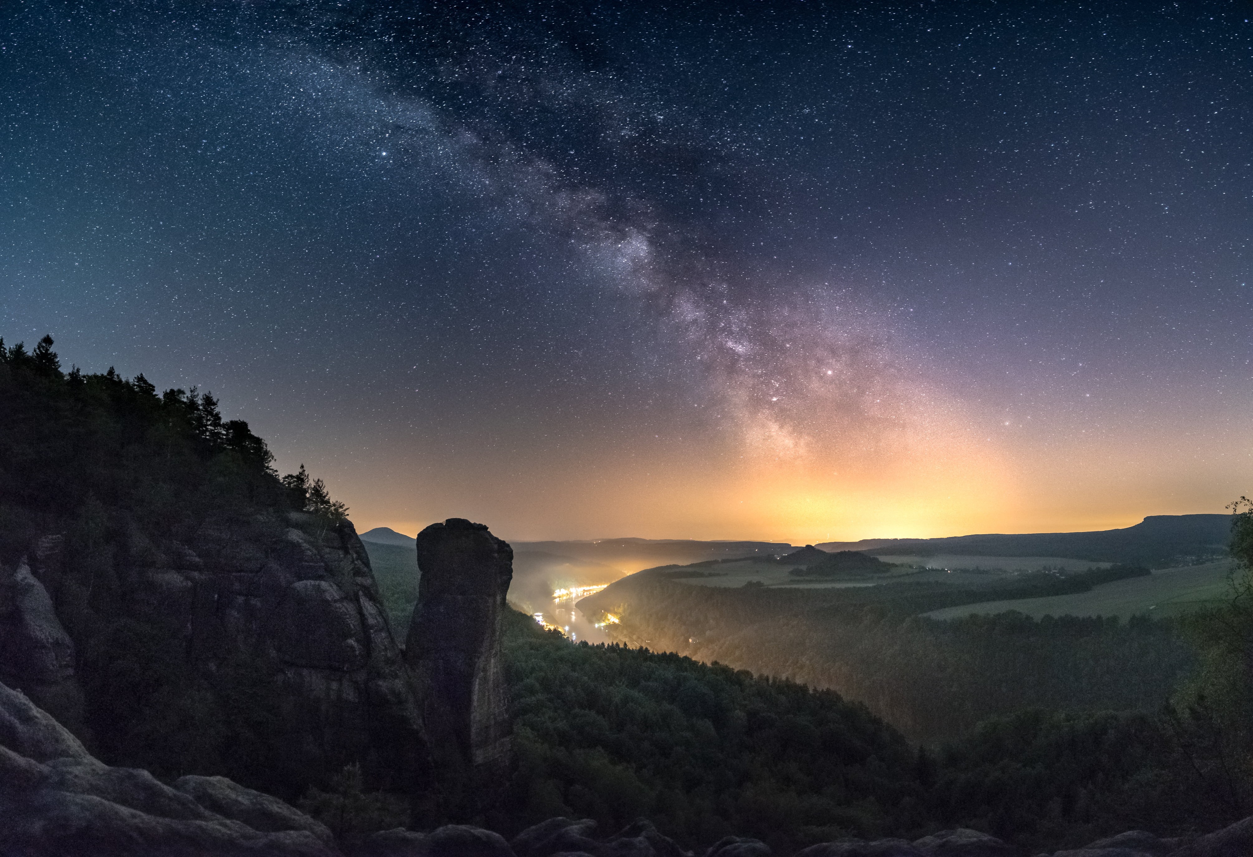 4K, galaxy, planet - Space, milky Way, Schrammsteine, brown, Hiking, nature, rocky, Night, Stars, Sterne, sky, Sächsische Schweiz, astronomy, green, star - Space, HD Wallpaper