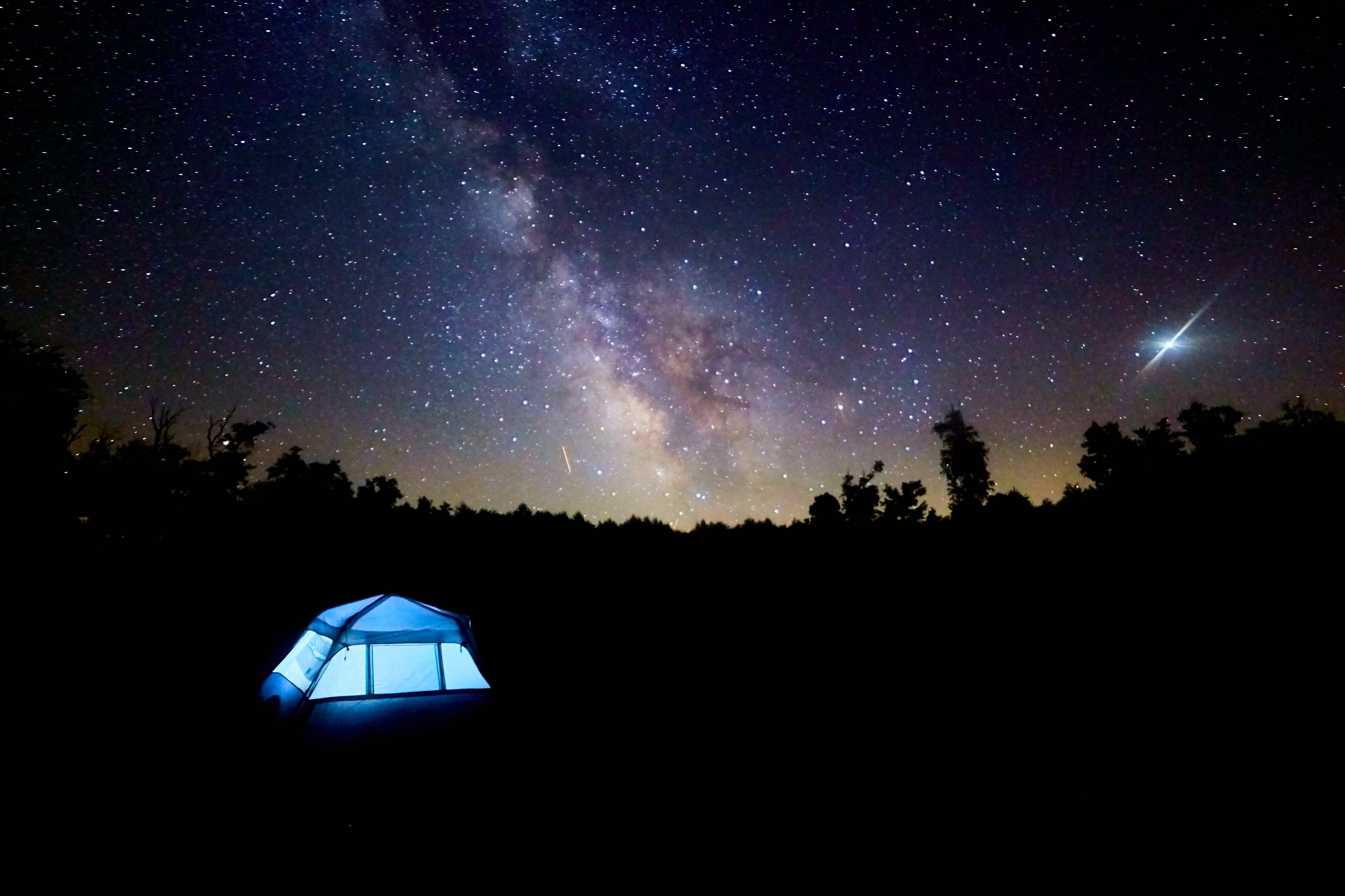 astronomy, sky, outdoors, plant, tranquility, galaxy, darkness, night, beauty in nature, 5K, constellation, tent, forest, tree, camping, star field, tranquil scene, HD Wallpaper