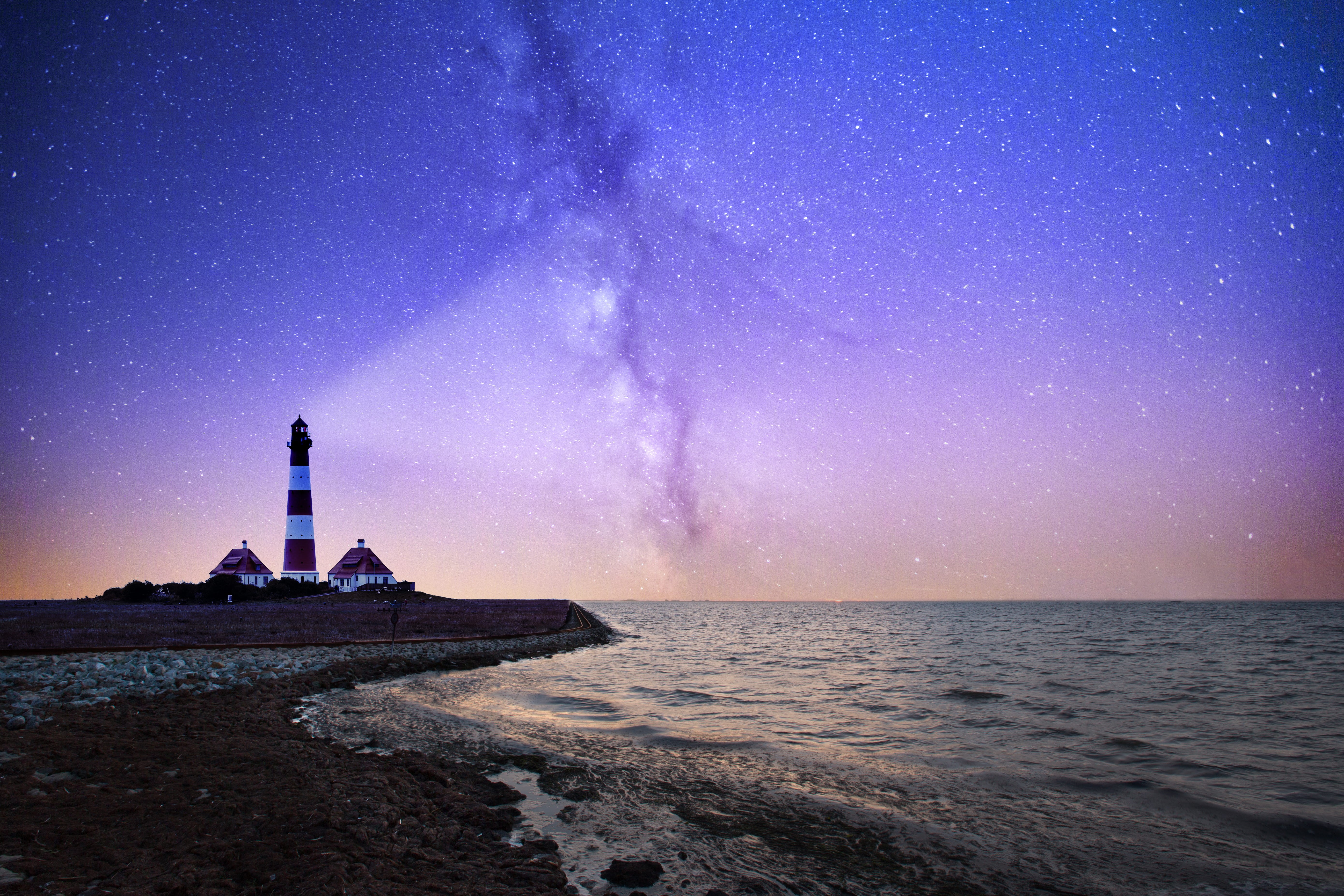 star - space, sky, no people, built structure, astronomy, tower, coastline, white, bodies, famous Place, LIGHTHOUSE, beauty in nature, rock, lighting Equipment, HD Wallpaper
