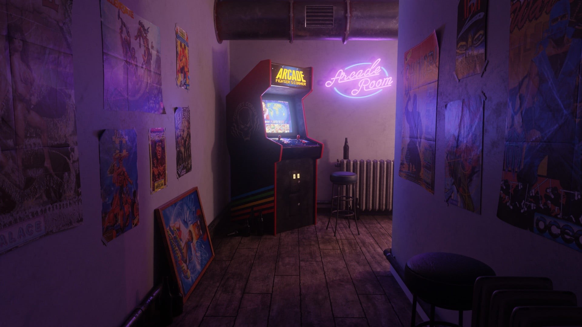 Arcade Fighters corner, Neon, by Ferhat Tanman, Corridor, Ferhat Tanman, Slot machine, A scene from the past., Arcade, 1080P, Posters, Retro, HD Wallpaper