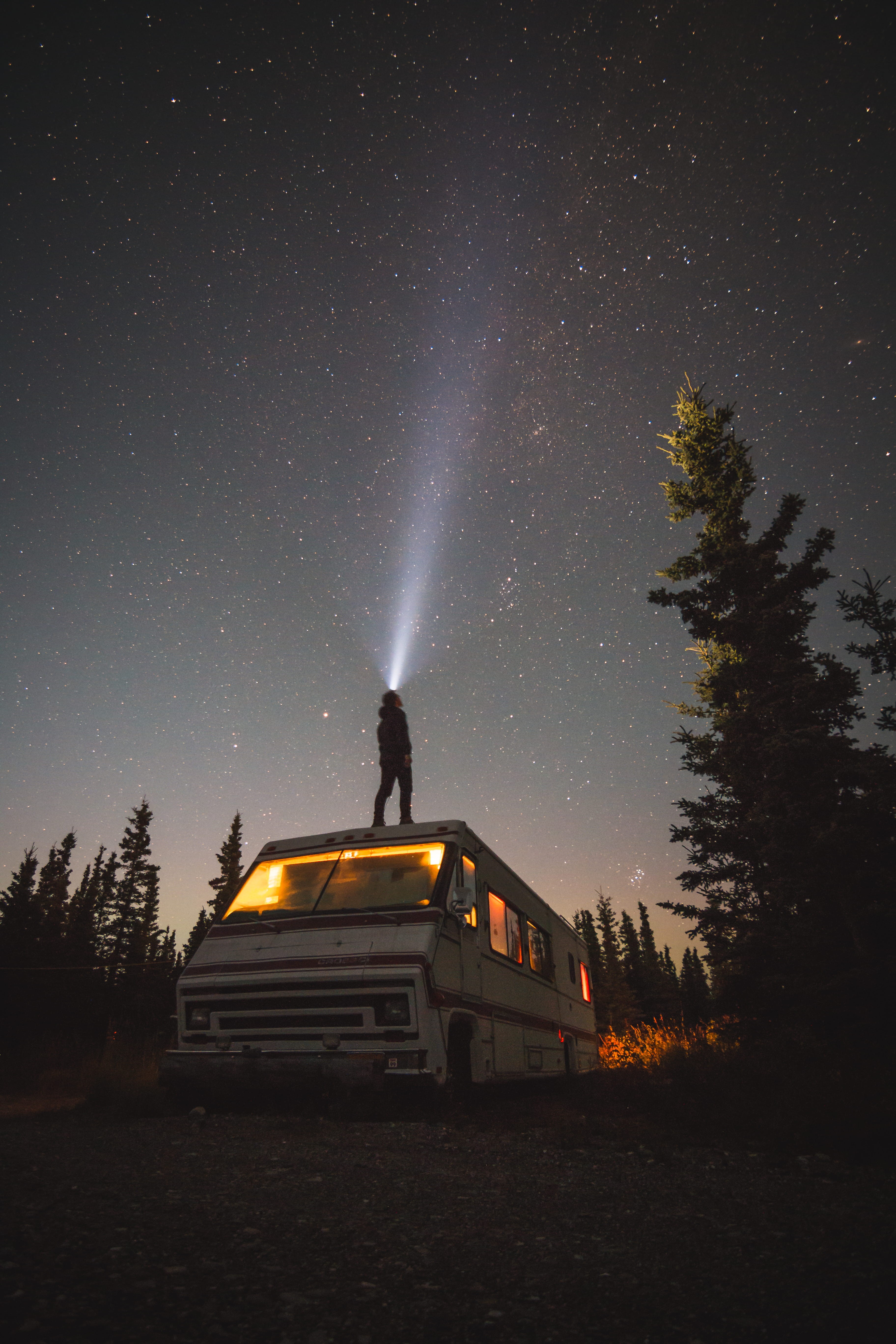nebula, shiloette, dusk, space, outdoors, space Exploration, astrophotography, van, travel, planet - Space, star Field, aurora Borealis, headlamp, mountain, Phone HD Wallpaper