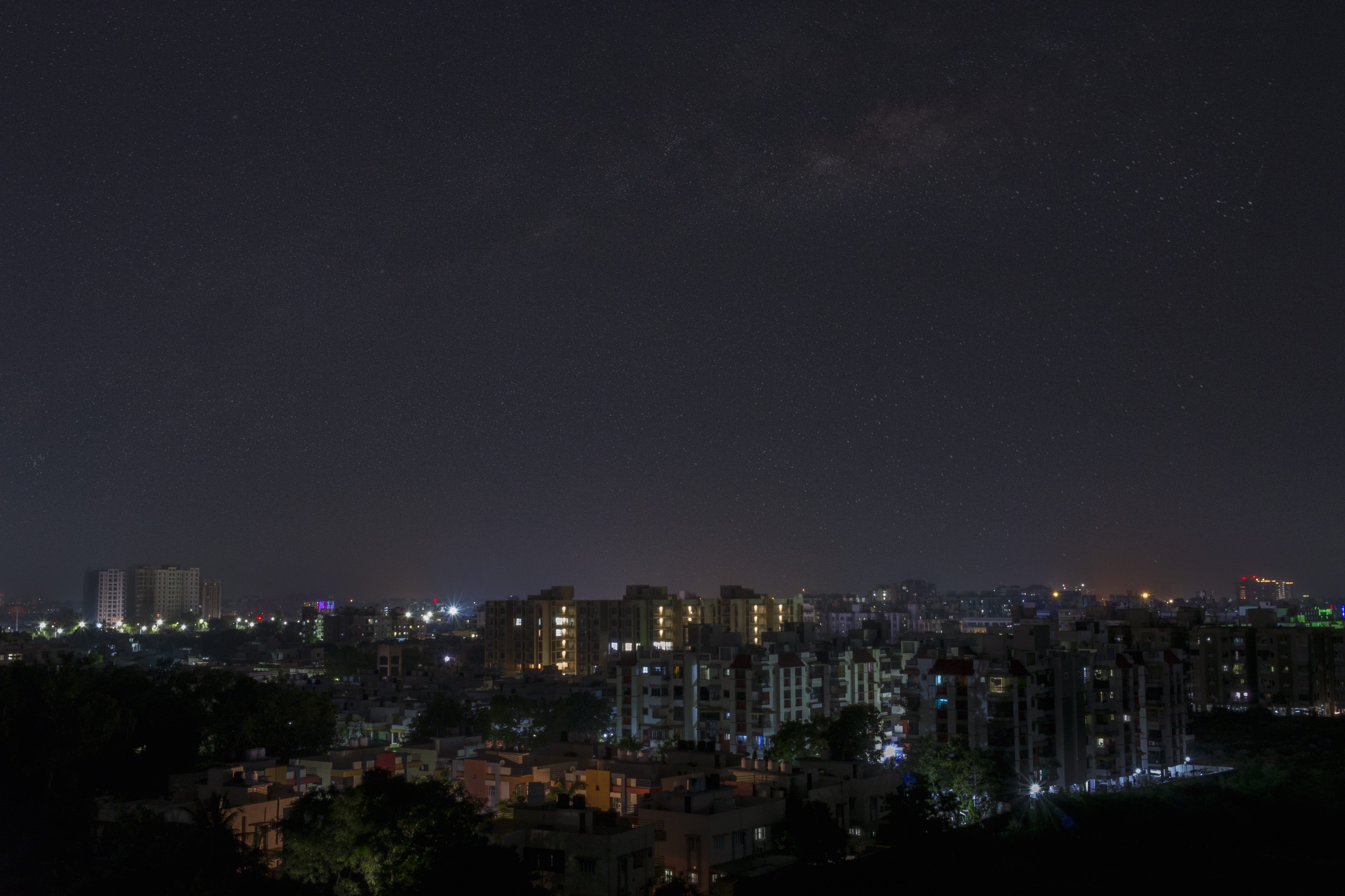 outdoors, building exterior, built structure, no people, sky, skyscraper, copy space, nature, astrophoto, stars, nightsky, office building exterior, cityscape, HD Wallpaper