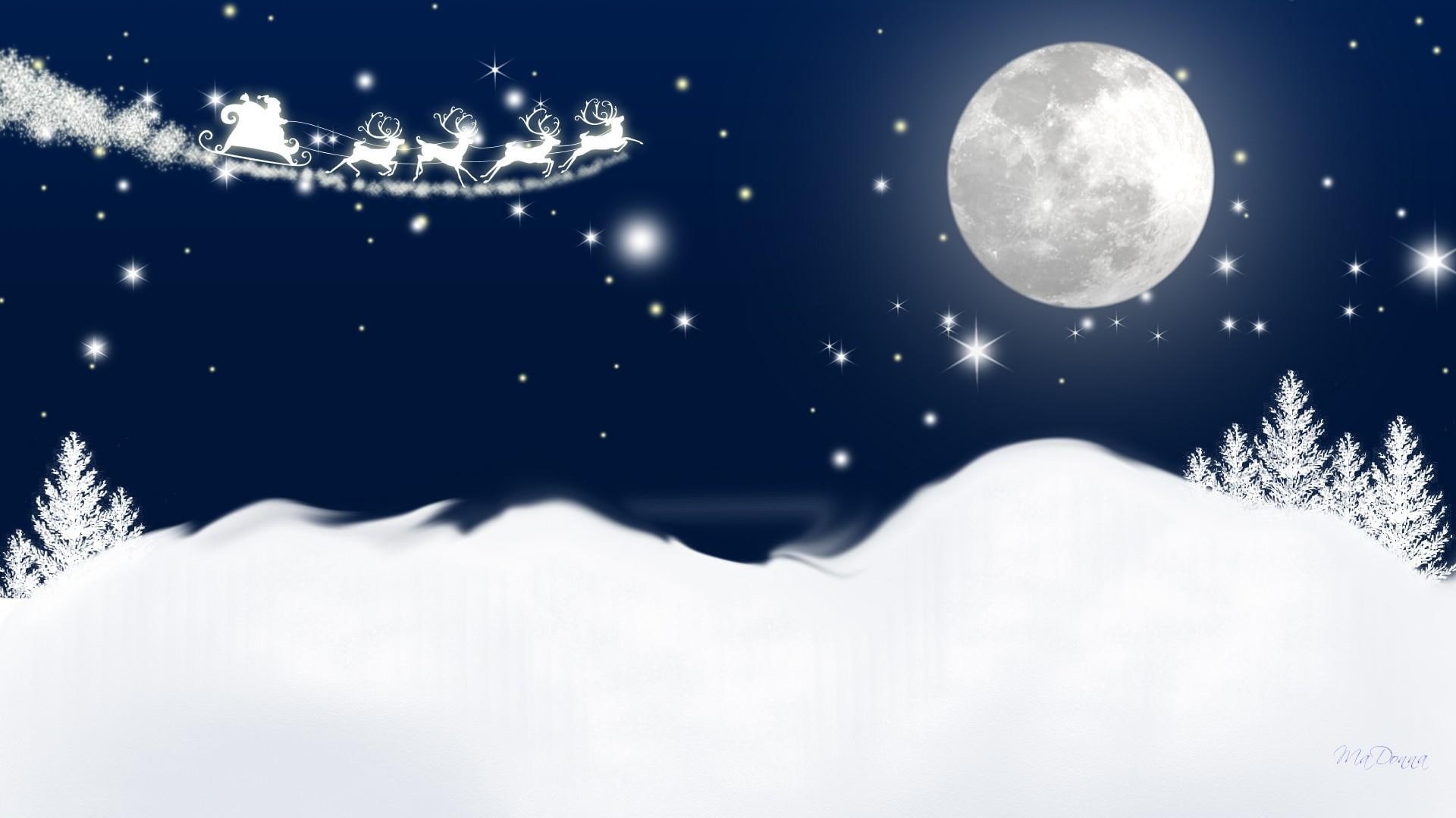 flight, sleigh, 1080P, trees, eve, starlight, christmas, stars, firefox persona, moonlight, bright, feliz navidad, reindeer, full moon, HD Wallpaper