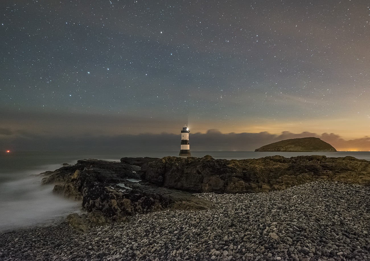 sea, sunset, lighthouse, 720P, at night, Sony A7S, surf, coast, body of water, beach, pebbles, waves, ursa major, landscape, body, near, puffin island, HD Wallpaper
