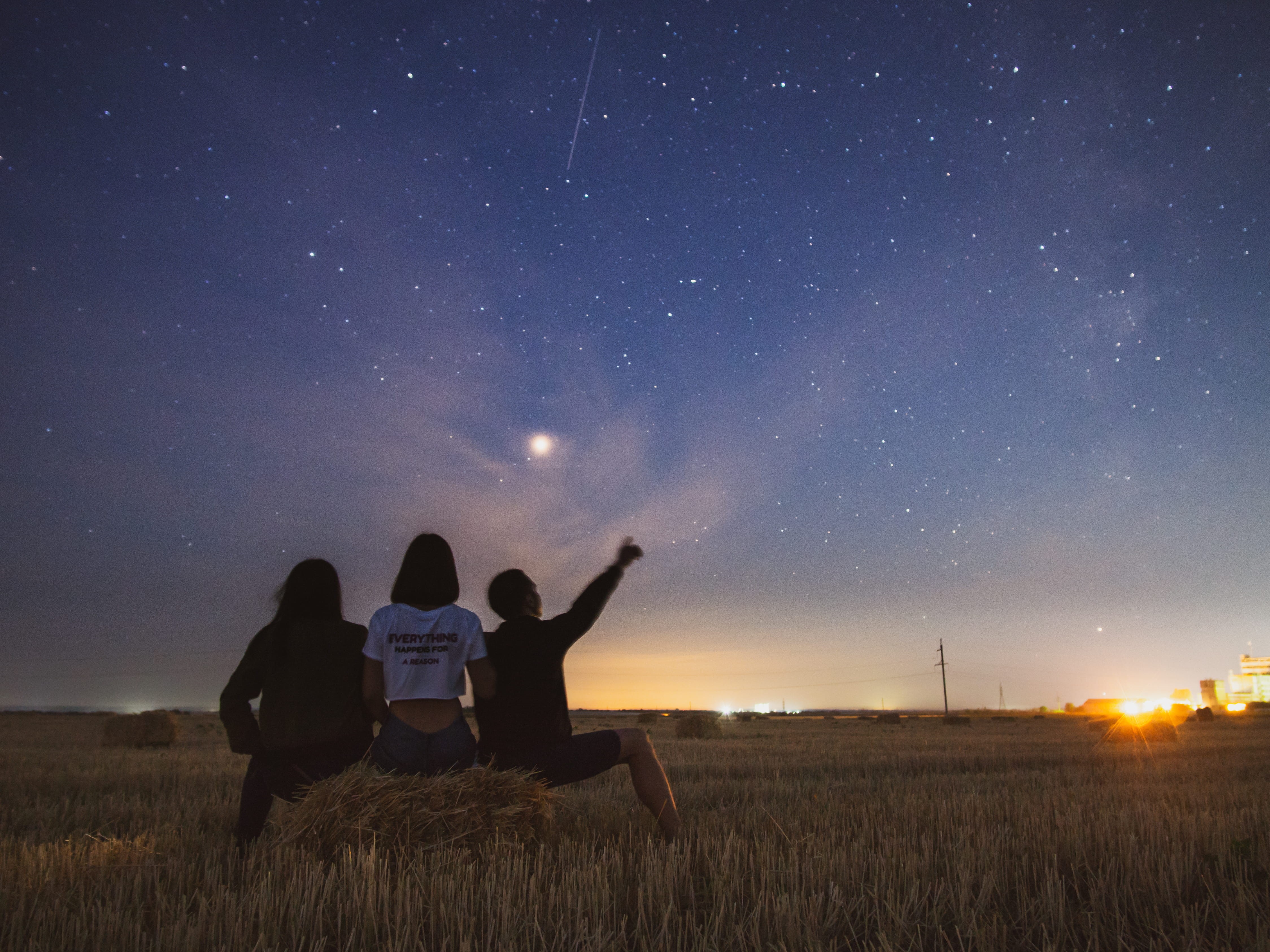 outdoors, astronomy, arms raised, dnipropetrovsk oblast, grassland, togetherness, space, explore, field, beauty in nature, shooting stars, people, vegetable, HD Wallpaper