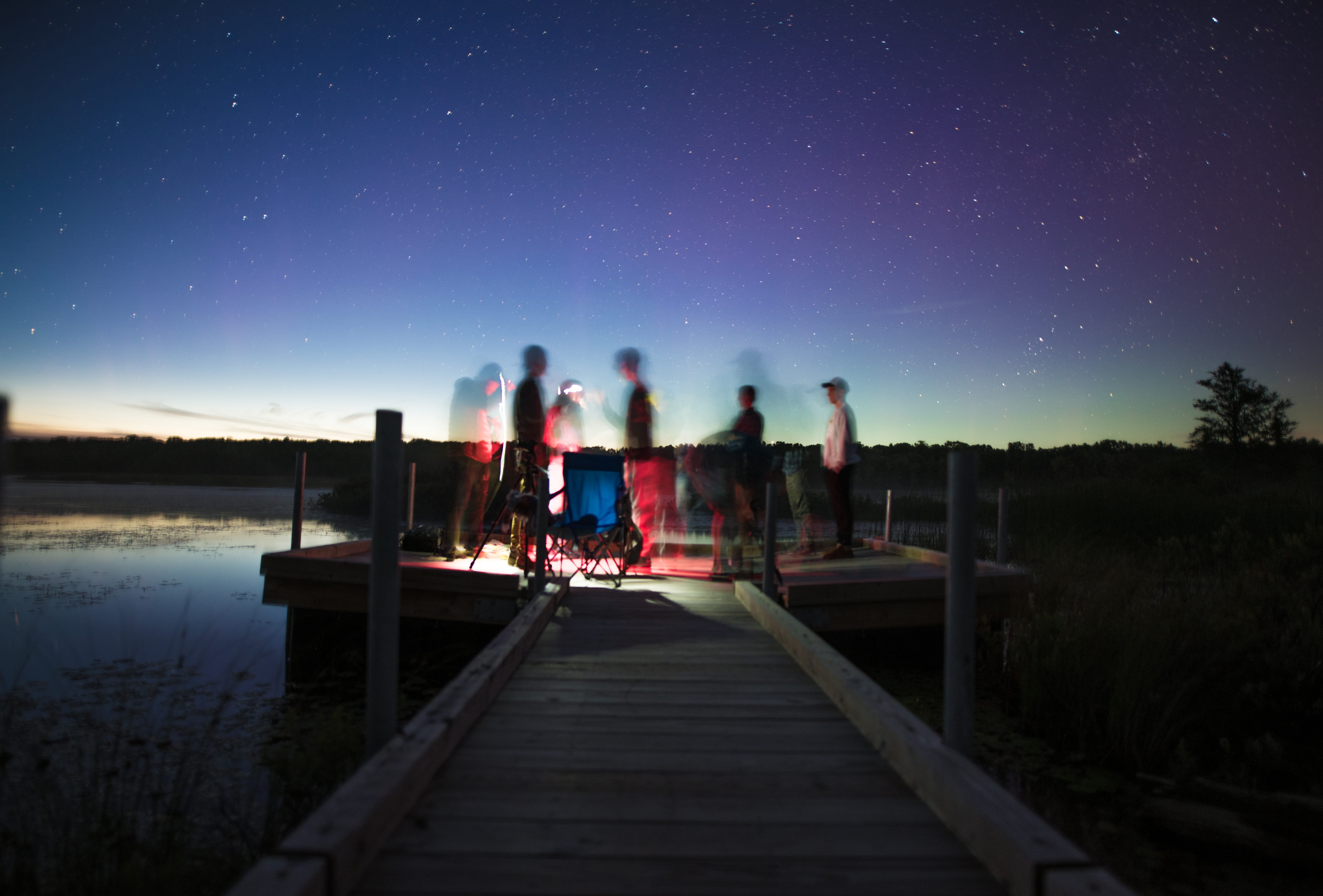 brown, star - space, night, wooden, adult, young adult, group, young women, scenic, person, dark, water, standing, lake, night time, star gaze, long exposure, HD Wallpaper