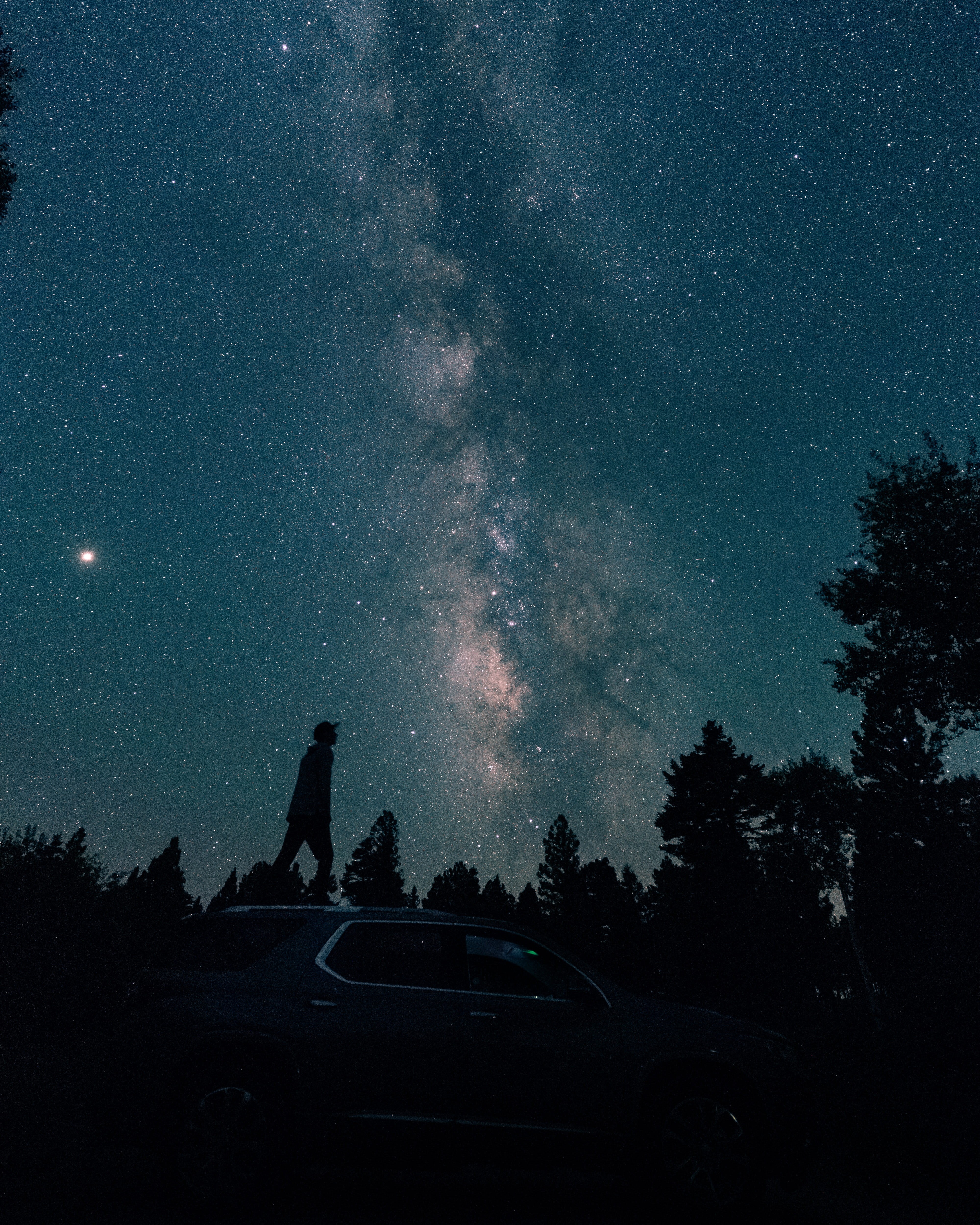 person, star - Space, landscape, star Shape, 4K, silhouette, milky Way, sky, nebula, wilderness, black Color, outdoor, standing, night, tree, planet - Space, Phone HD Wallpaper