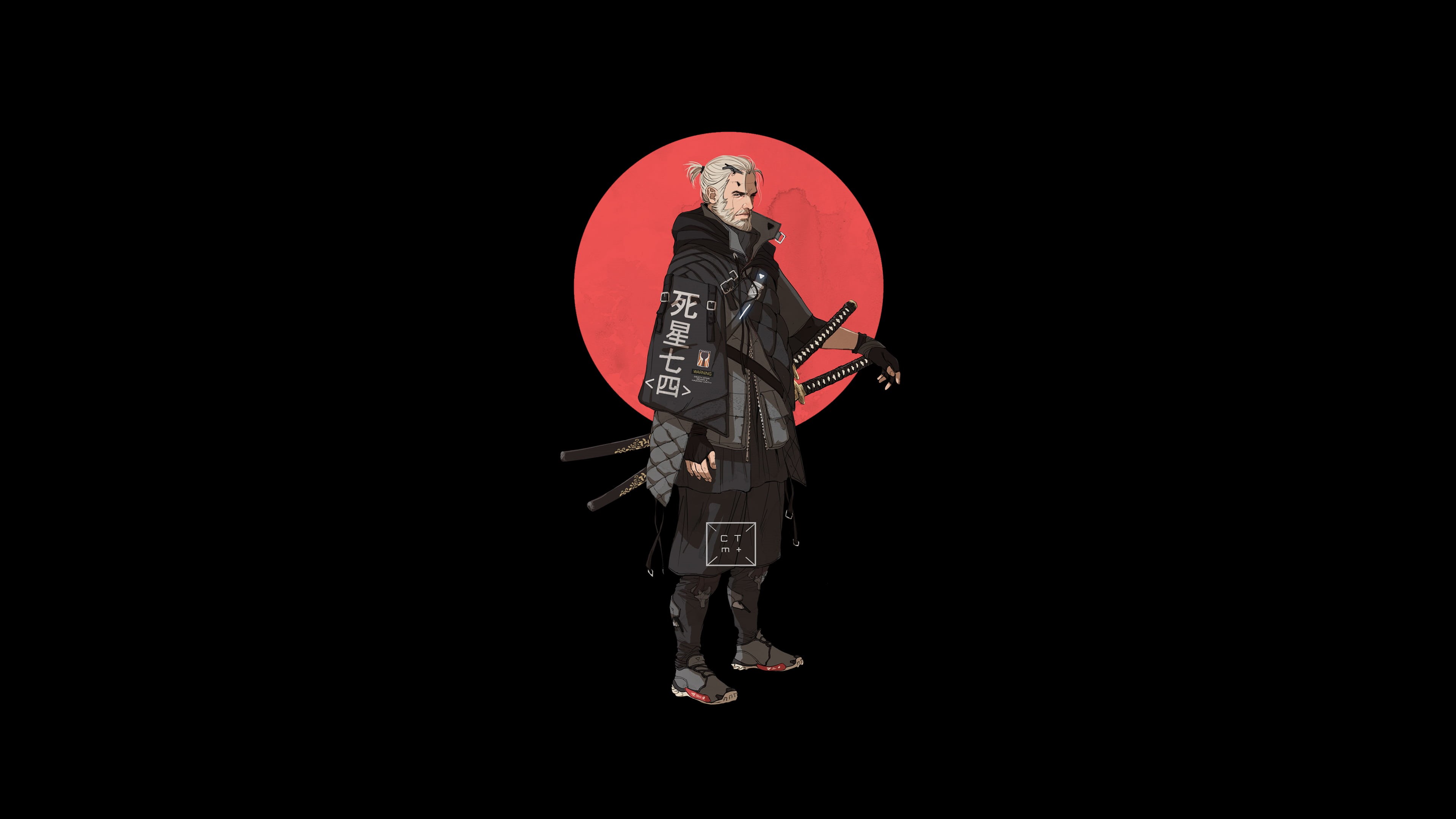 black background, The Witcher, aestethic, katana, Japanese characters, 4K, Geralt of Rivia, minimalism, HD Wallpaper