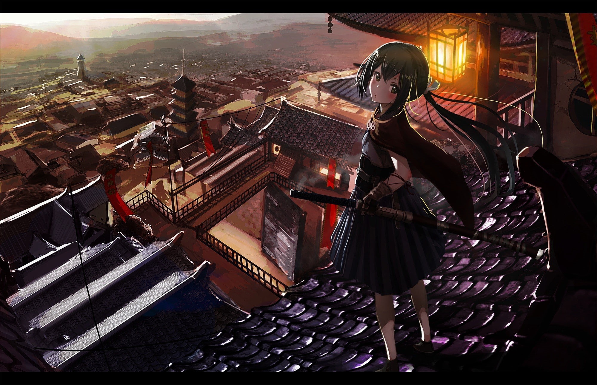 women, city, 1080P, young adult, outdoors, casual clothing, real people, building exterior, standing, sword, sky, adult, long hair, anime girls, full length, HD Wallpaper
