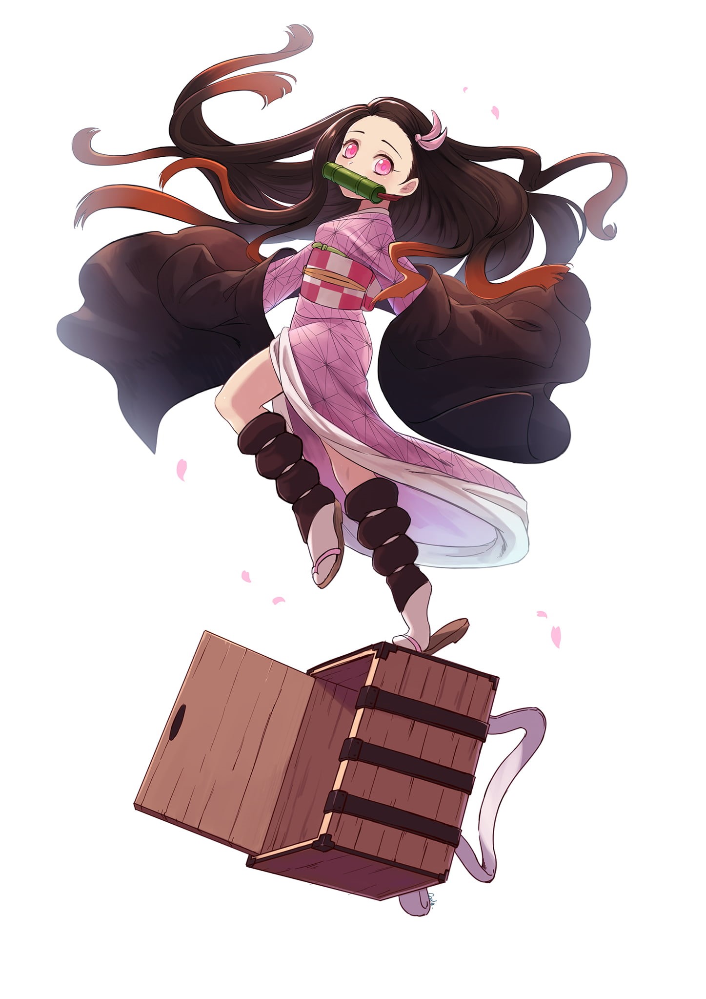 loli, vertical, Kamado Nezuko, simple background, pink eyes, 2D, digital art, Japanese kimono, Japanese clothes, multi-colored hair, Kimetsu no Yaiba, fan art, Phone HD Wallpaper