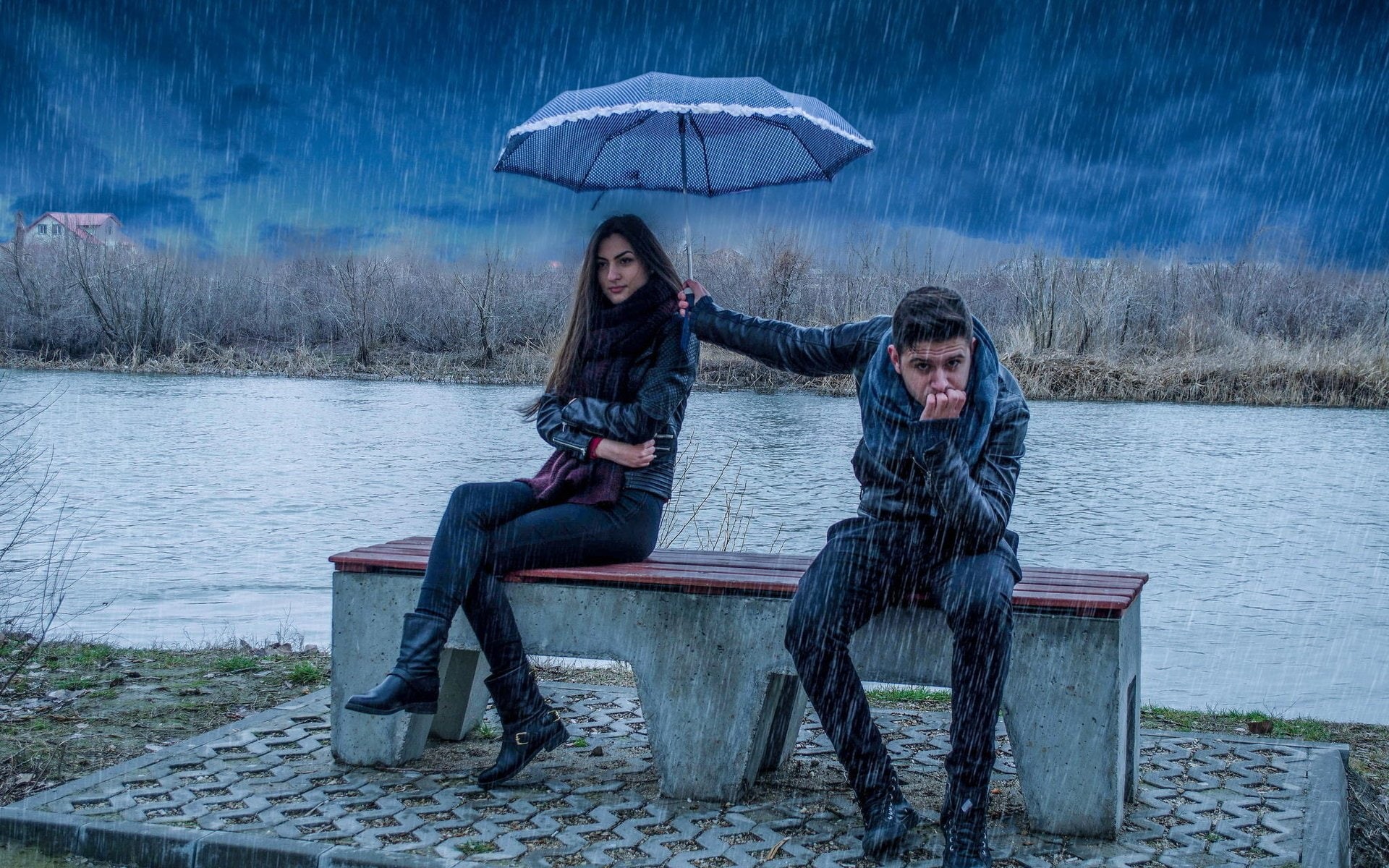 couple, 1080P, rain, love, boy, its, umbrella, girl, HD Wallpaper