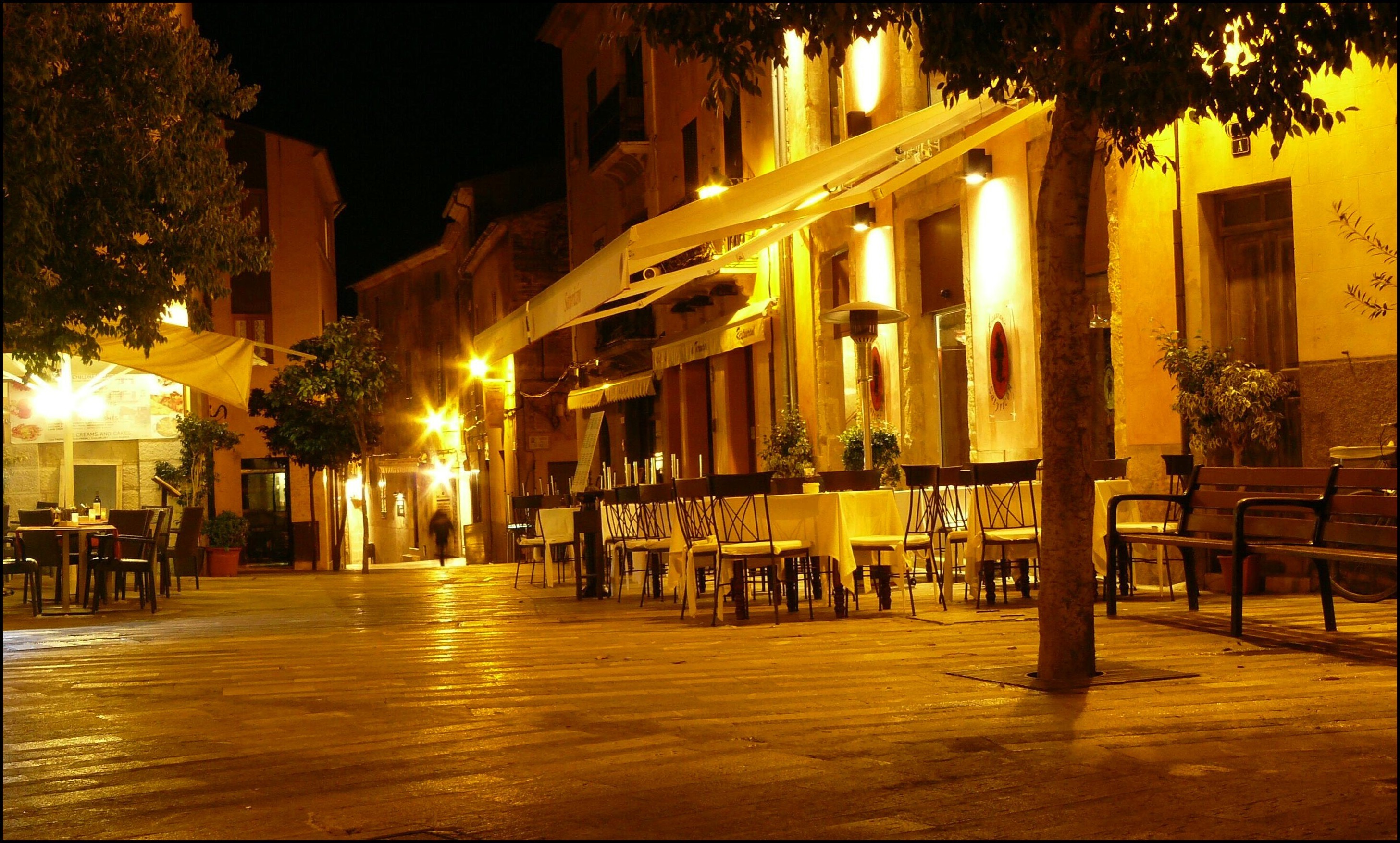local, plant, architecture, lantern glow, illuminated, spain, near, empty, mallorca, street cafe, tables, evening, outside catering, gastronomy, europe, HD Wallpaper