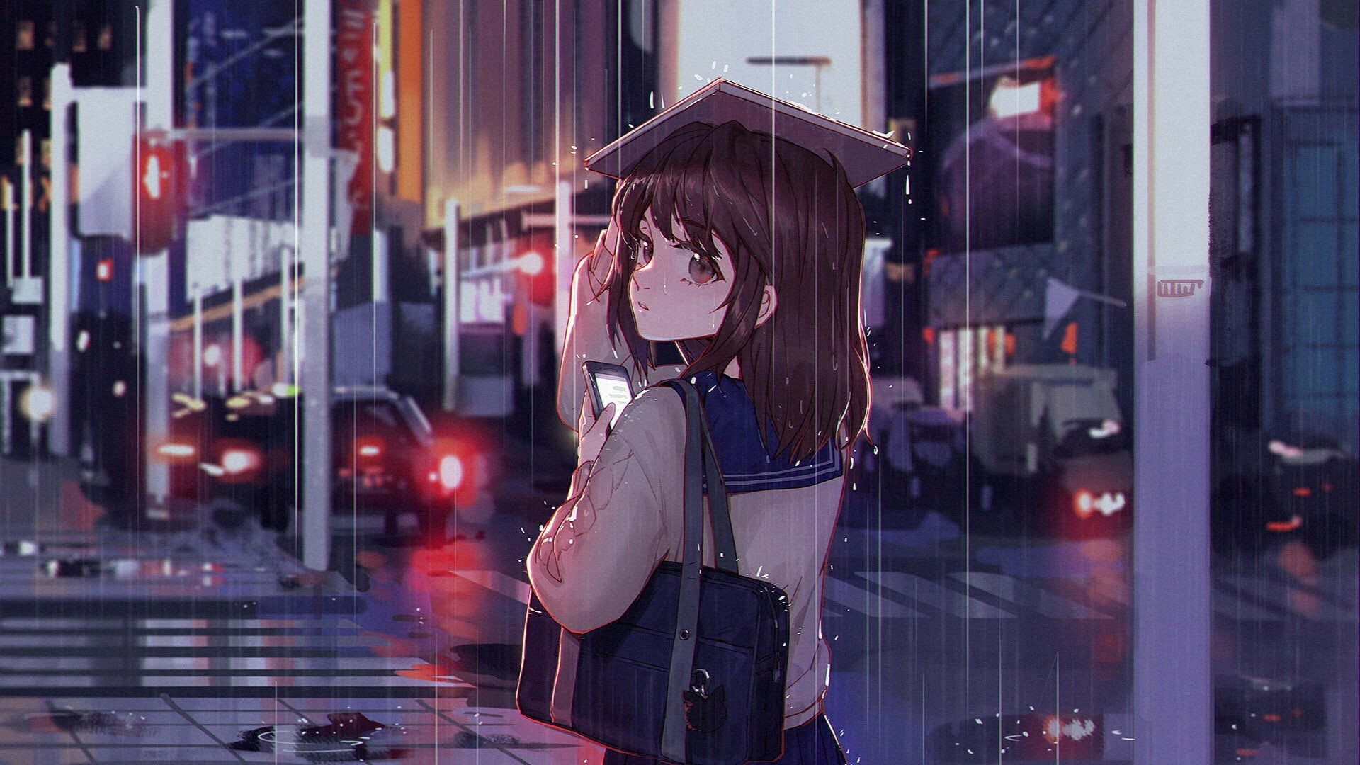 city, anime girls, brunette, rain, anime, urban, 1080P, HD Wallpaper