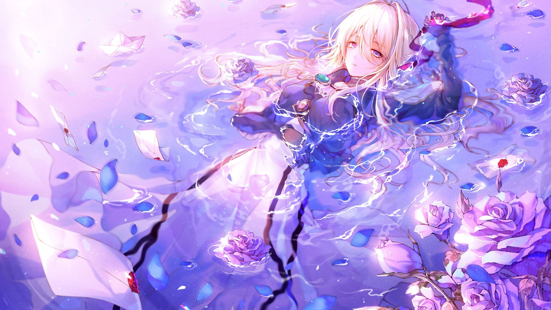 dress, Violet Evergarden, long hair, 1080P, blonde, anime girls, rose, HD Wallpaper