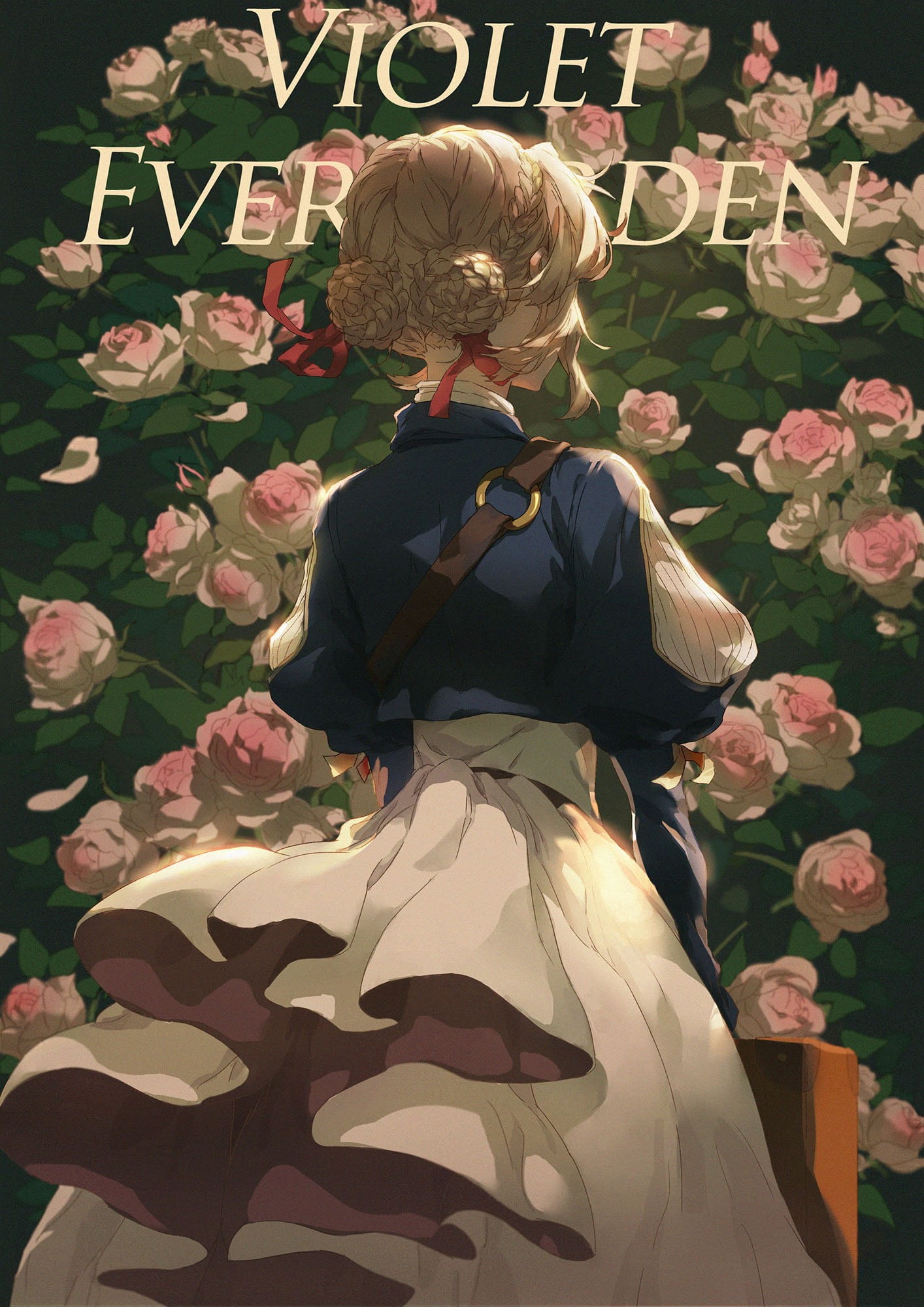 anime girls, fan art, 1080P, long hair, red ribbon, Violet Evergarden, blond hair, pink roses, vertical, Phone HD Wallpaper