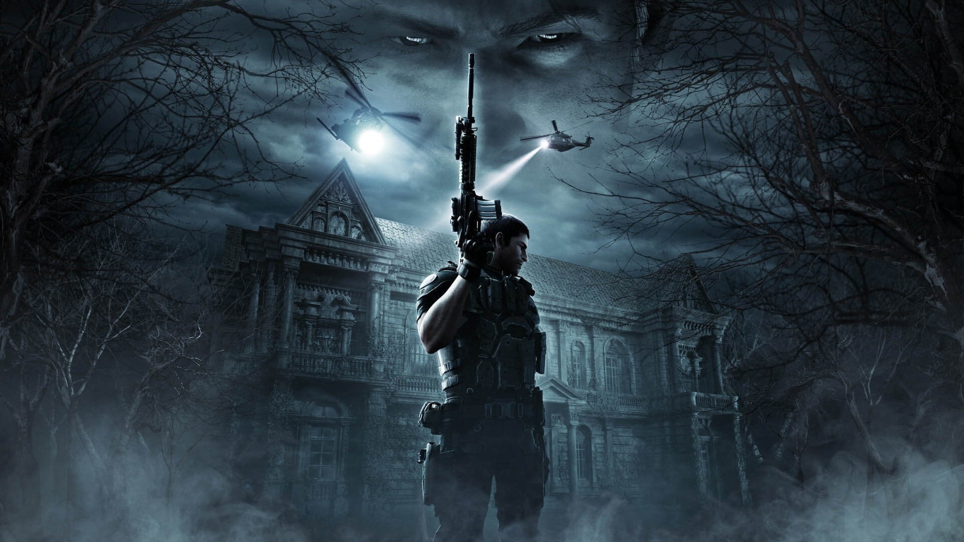 mist, movie, film, cinema, Chris Redfield, gun, weapon, armor, Colt, man, M16, rifle, M-16, uniform, sky, bulettproov vest, pistol, B.S.A.A., M41, mansion, HD Wallpaper