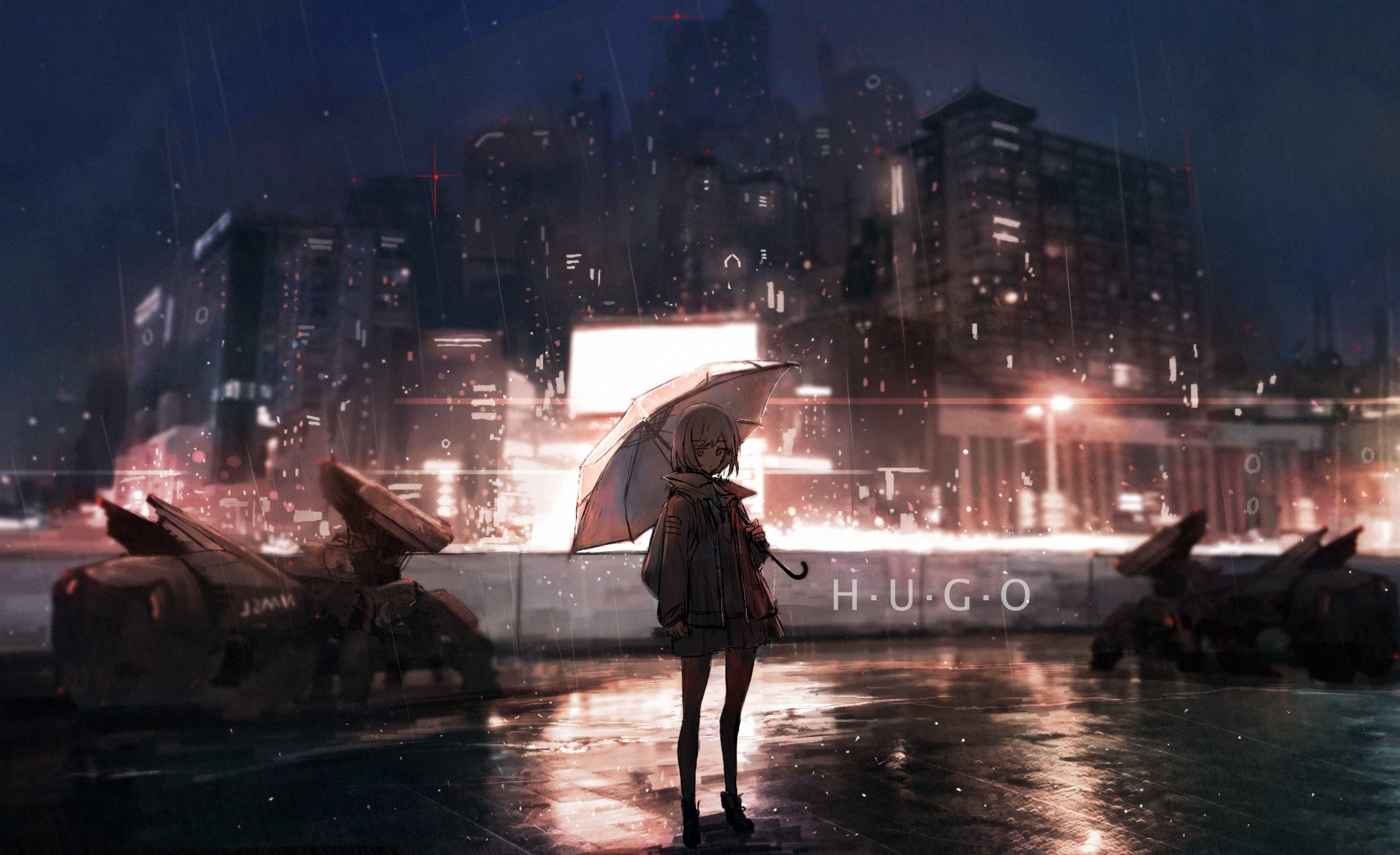 night, anime girls, rain, Robots, Axle, umbrella, robot, 1080P, HD Wallpaper