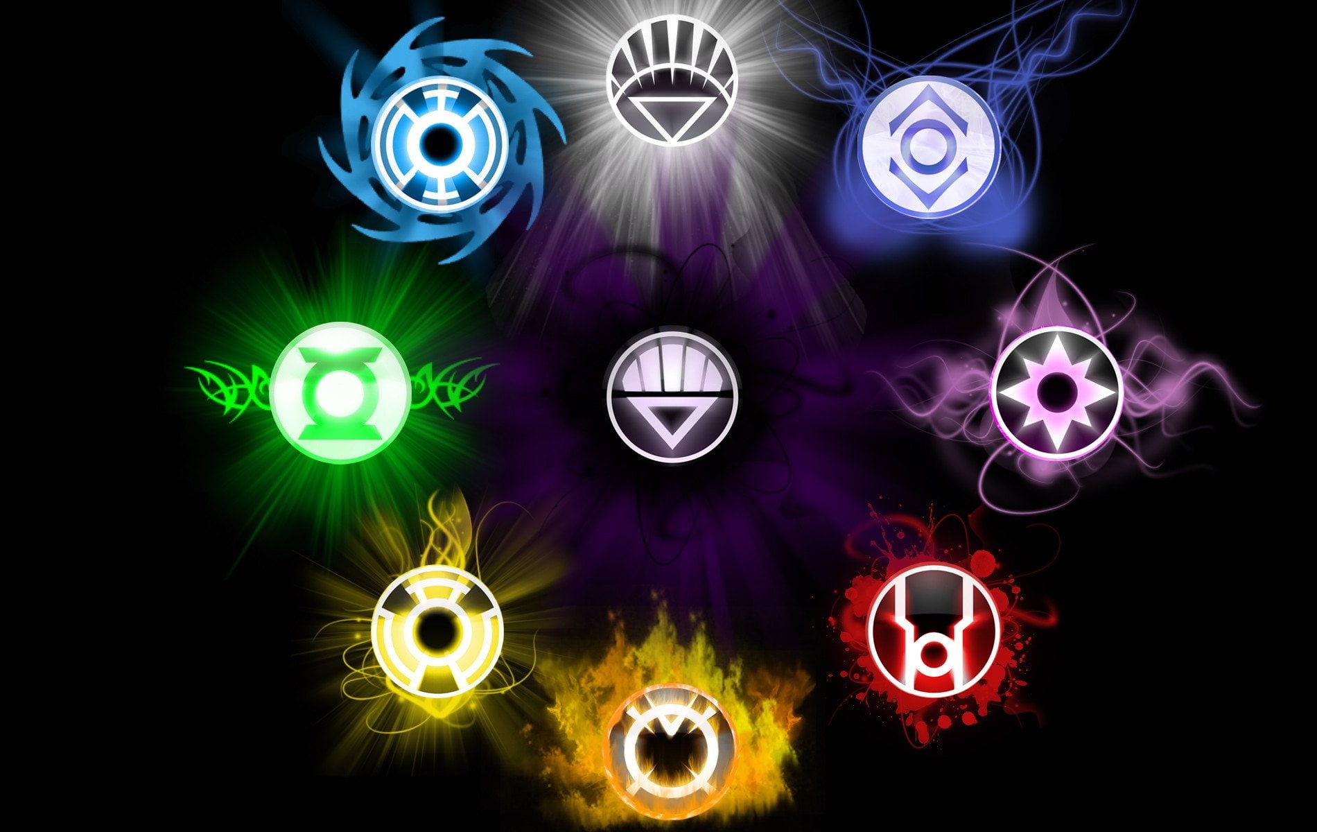 720P, bright, Yellow Lantern, Green Lantern Corps, multi colored, Black Lantern, dark, party - social event, abstract, black color, shape, glowing, lighting equipment, HD Wallpaper