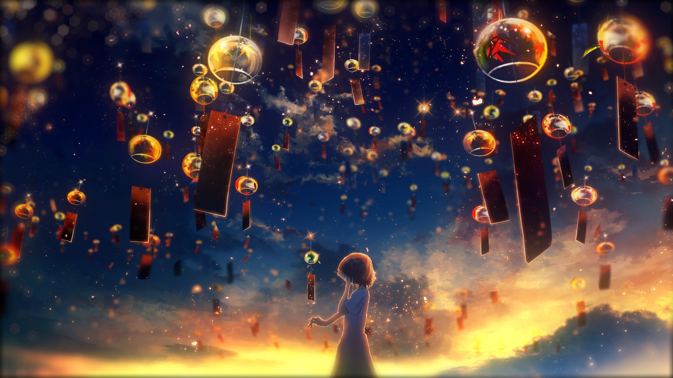original characters, chinese new year, 2K, anime girls, anime, Lantern Festival, paper lantern, morning, HD Wallpaper