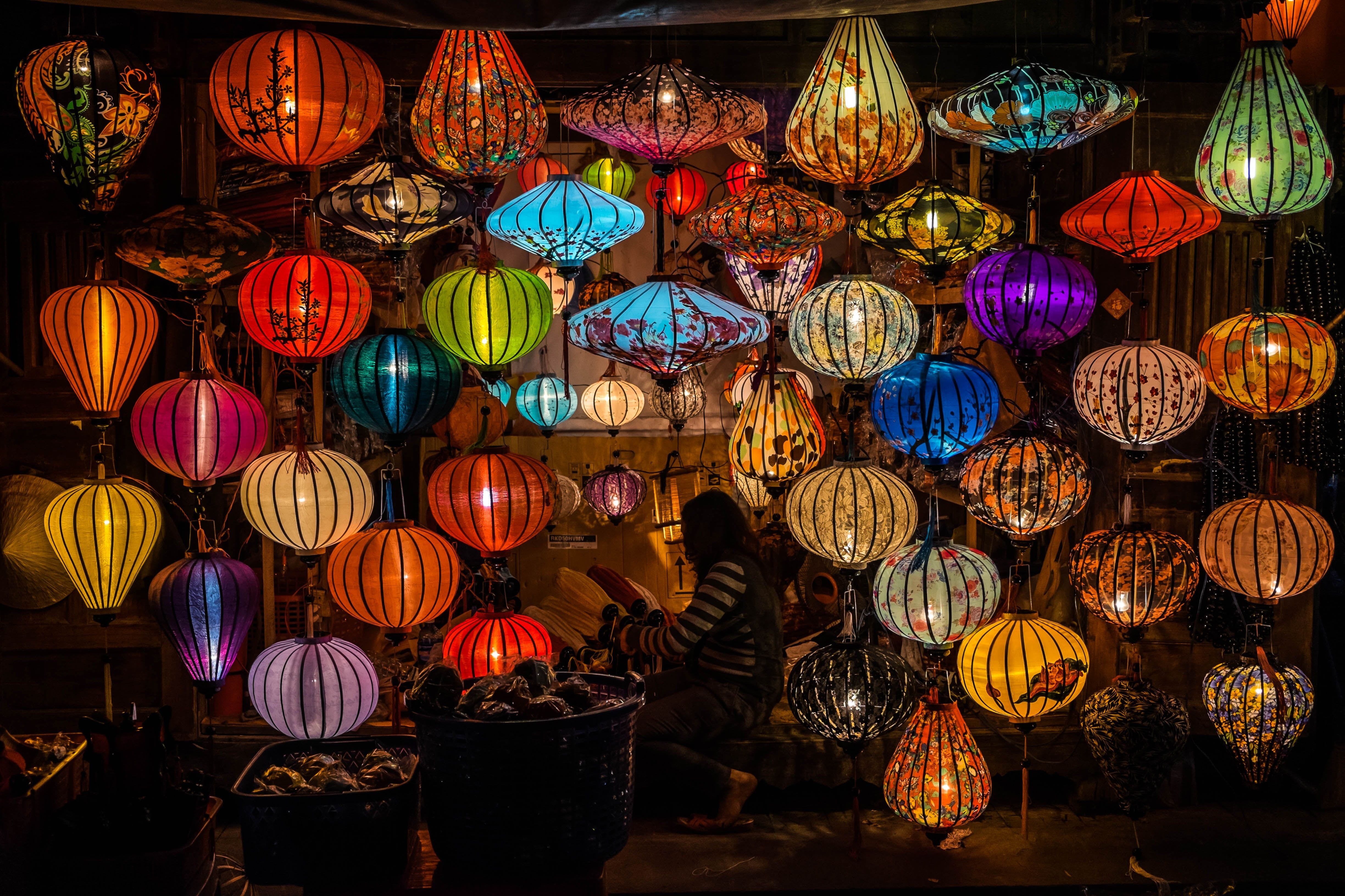 no people, multi colored, light, vietnam, lantern, lighting equipment, assorted, pattern, for sale, choice, abundance, decoration, color, ornate, night, HD Wallpaper