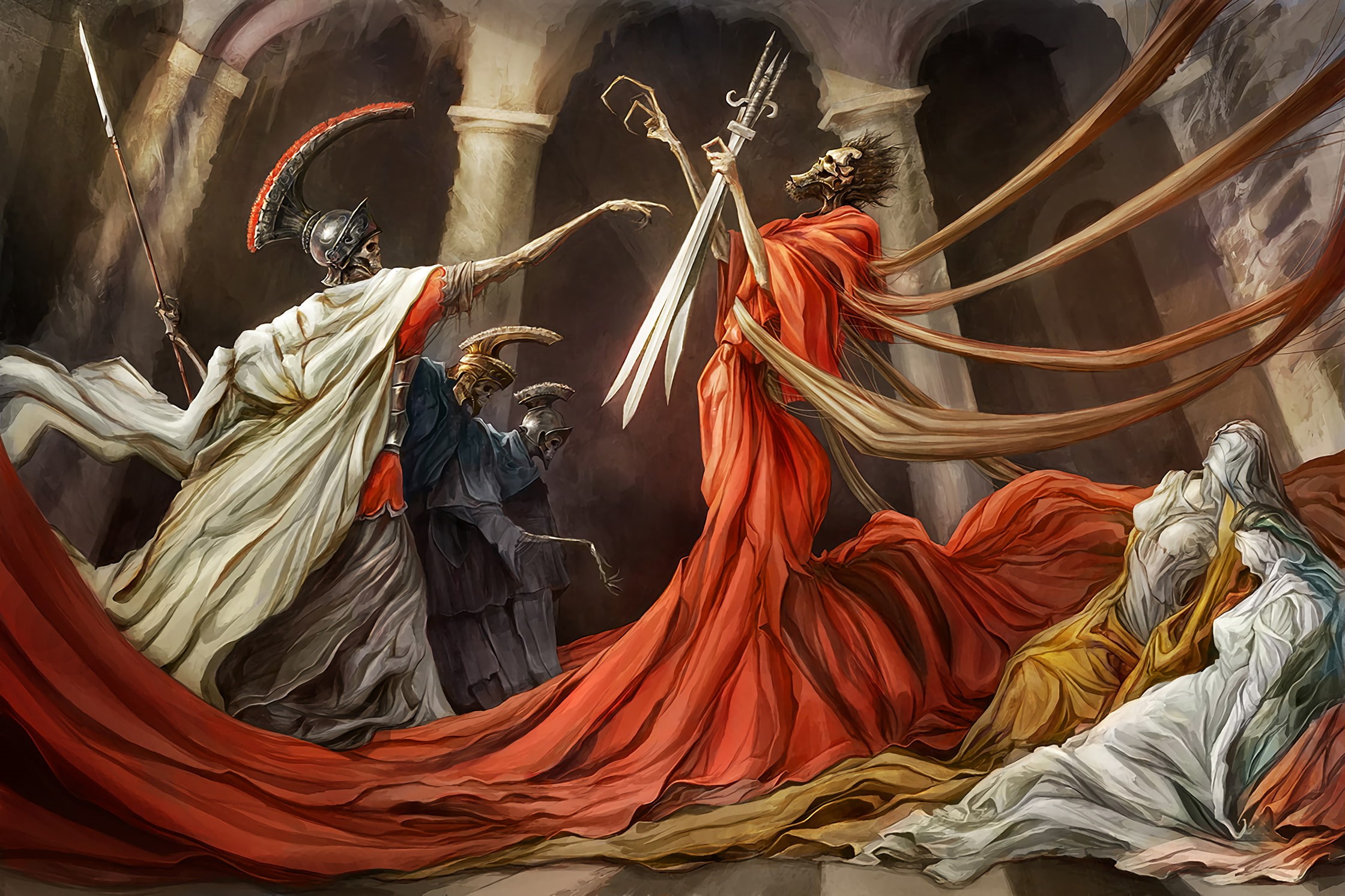 red, choice, sword, day, art and craft, women, skeleton, pattern, abstract, full frame, orange color, complexity, religion, weapon, Roman, textile, creativity, HD Wallpaper