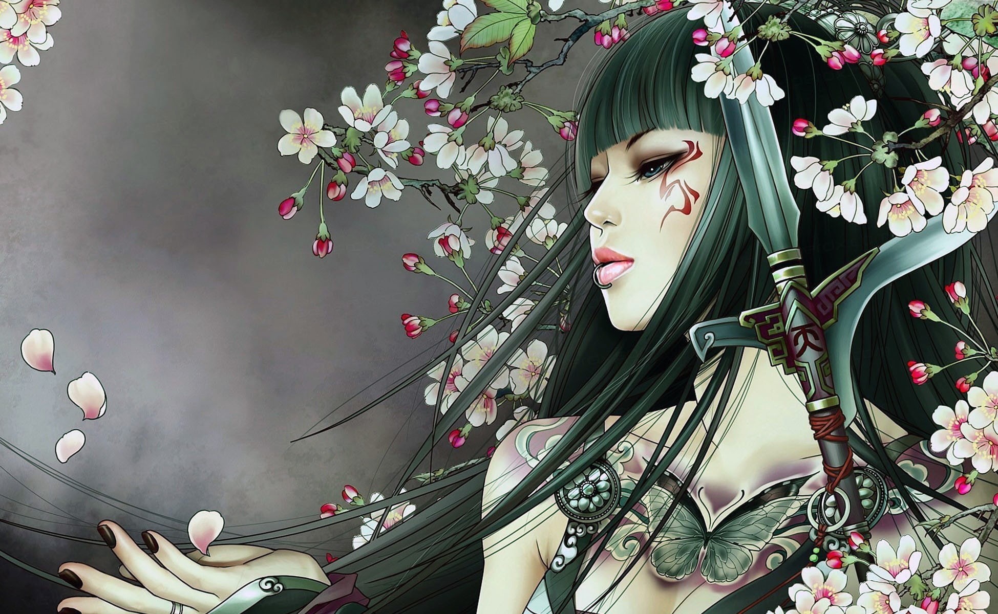digital art, face, 1080P, girl, asian girl, mouth, sword, tattoos, lips, piercing lip, blue eyes, brunette, weapon, peach blossom, artwork, fantasy, flowers, HD Wallpaper