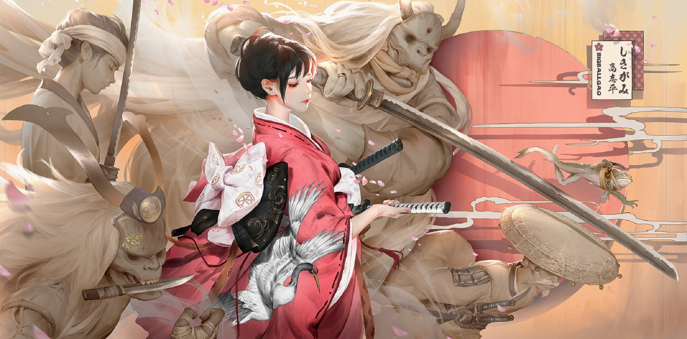 artwork, mask, kimono, 1080P, fantasy art, ghosts, Bigball Gao, katana, warrior girls, sword, demon, warrior, digital art, fantasy girl, women, horns, HD Wallpaper