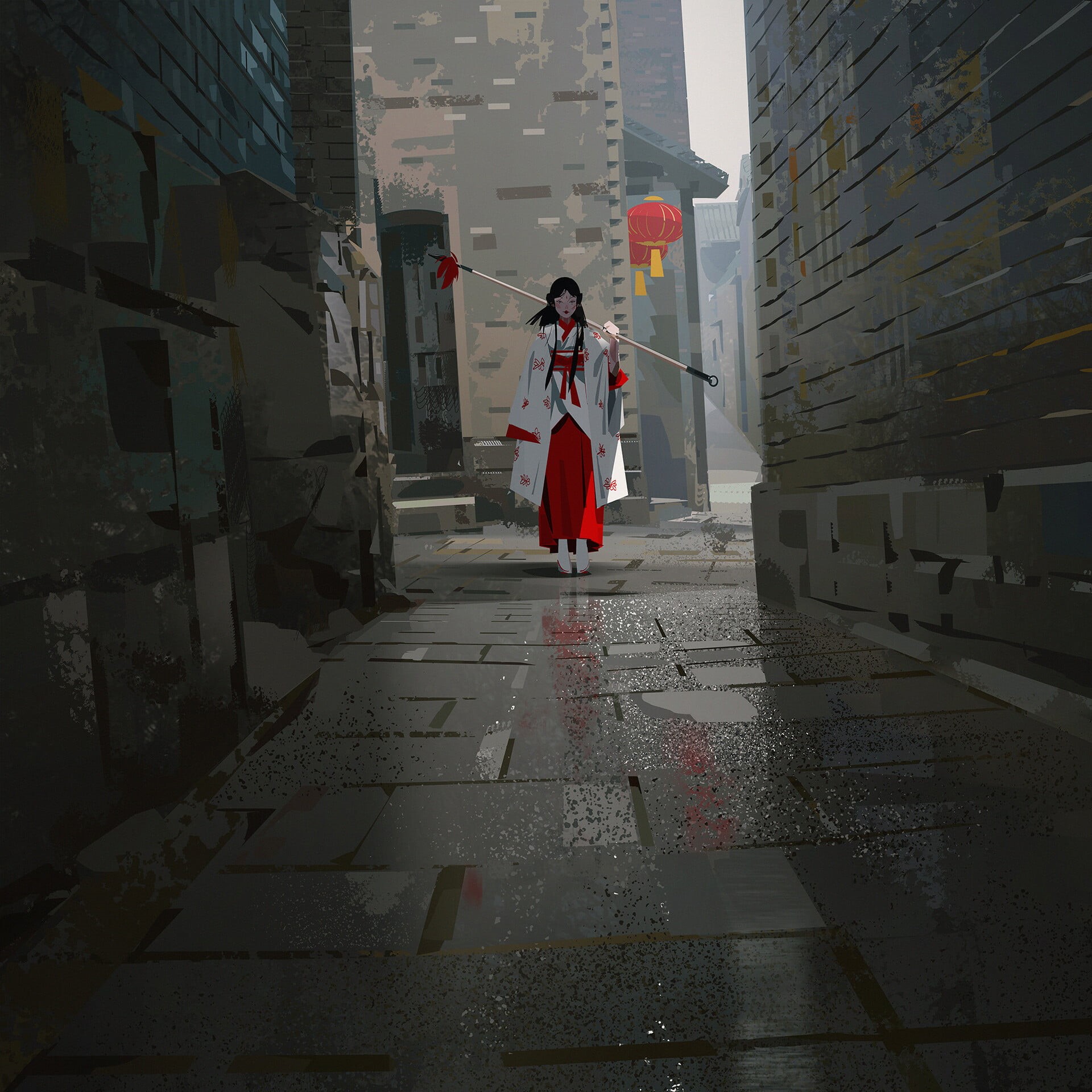 character design, spear, women, street, lantern, 1080P, kimono, eastern, Phone HD Wallpaper