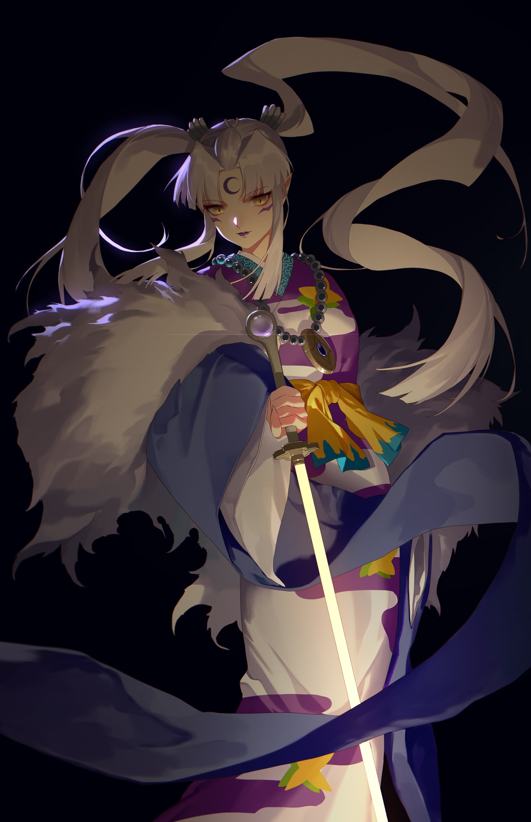 women, dark background, Inuyasha, anime girls, Thankstar404, artwork, kimono, anime, white hair, sword, fan art, yellow eyes, illustration, simple background, Phone HD Wallpaper