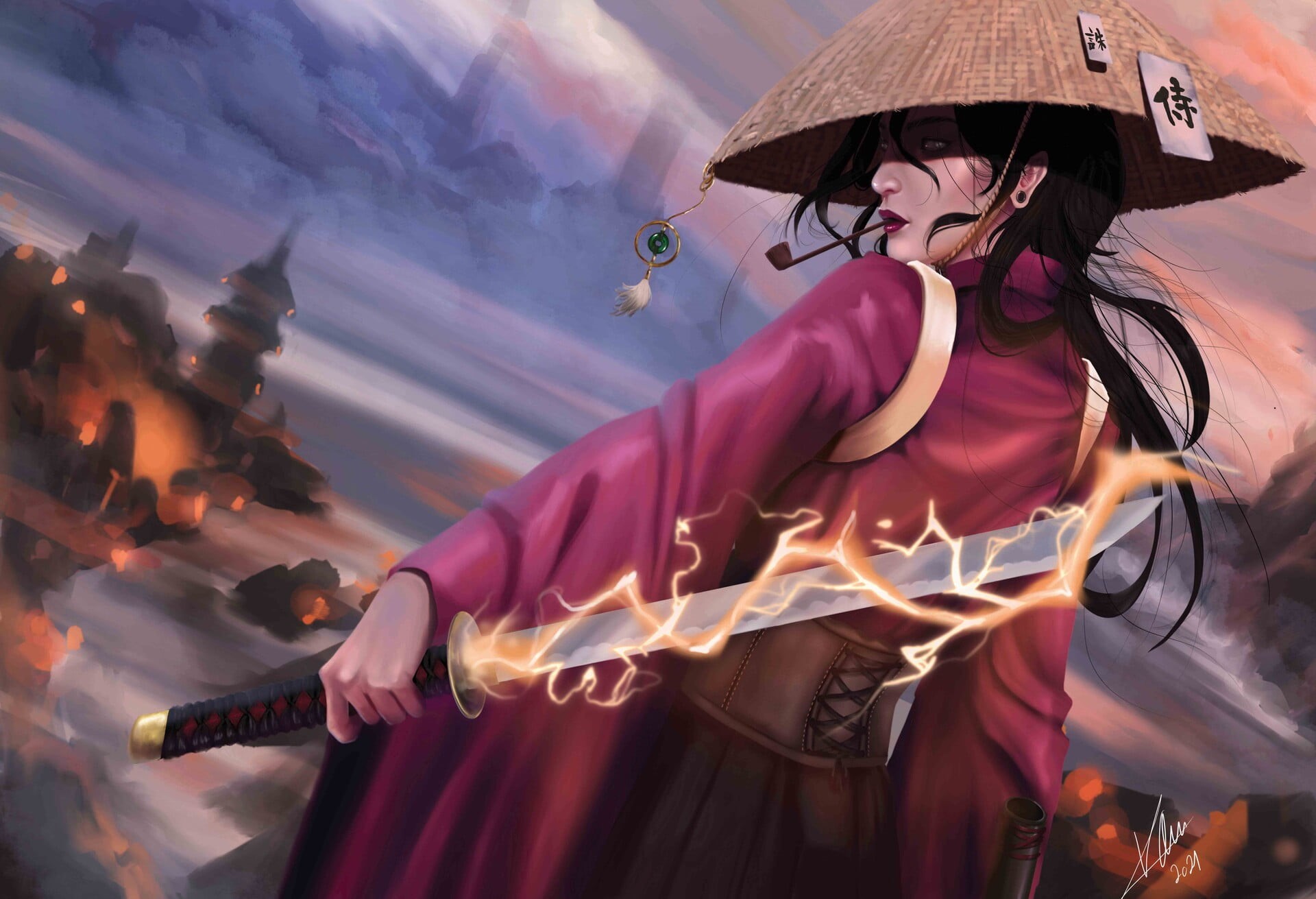 hat, digital art, ArtStation, back, women with swords, sword, artwork, smoking pipe, dark hair, 1080P, samurai, drawing, women, women with hats, HD Wallpaper