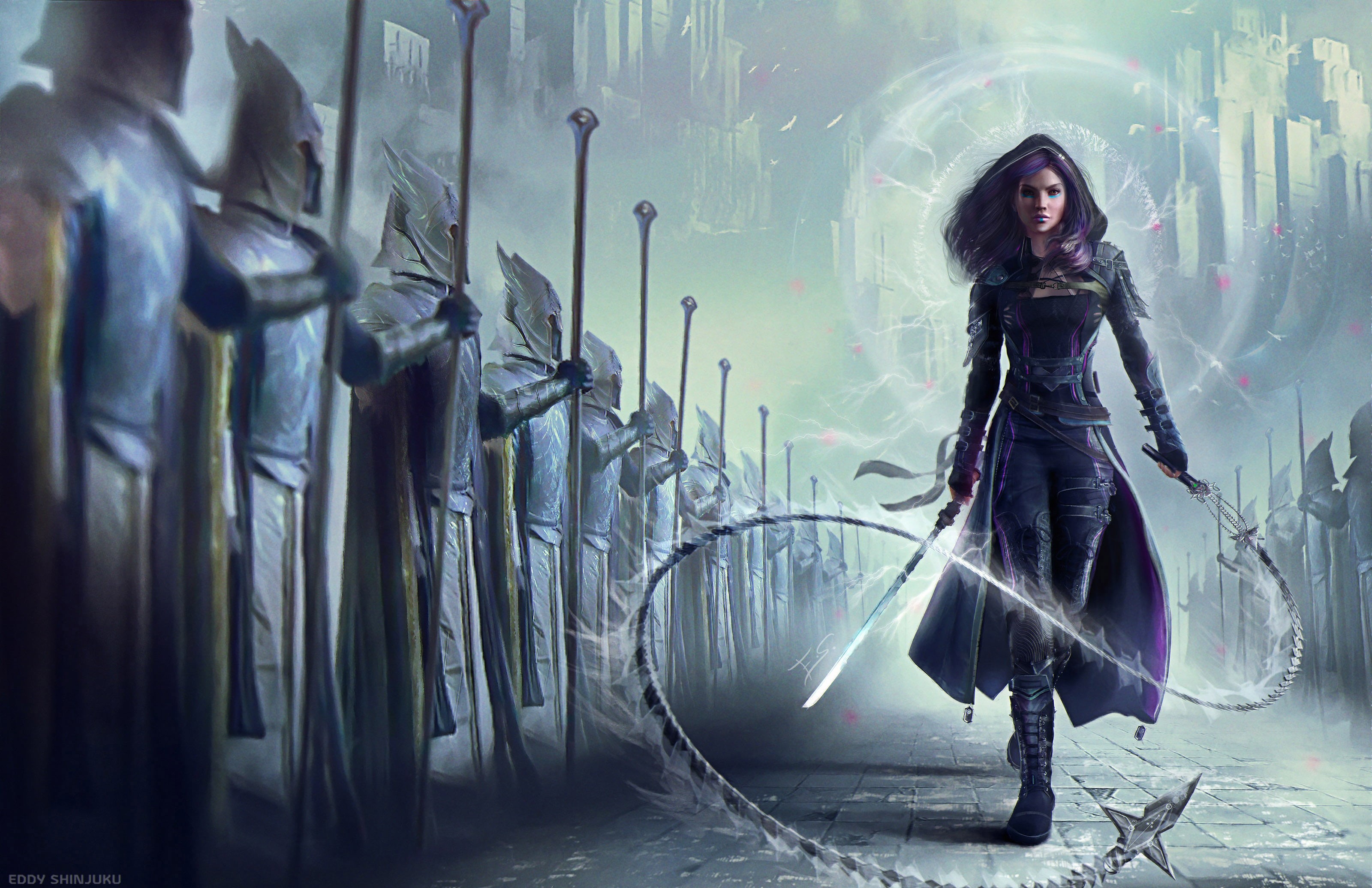 looking at viewer, armor, army, sword, coats, straight hair, long hair, hoods, 2K, purple hair, soldier, make up, warrior, women, Eddy Shinjuku, whips, HD Wallpaper