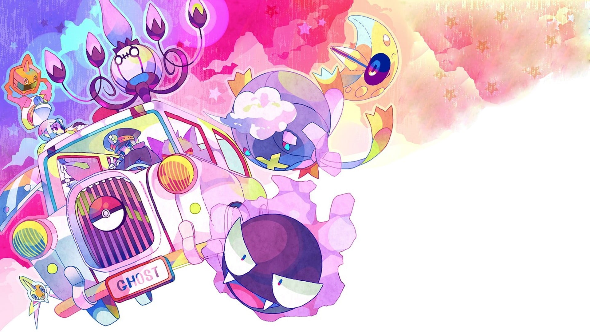 illustration, choice, pokemon, pattern, high angle view, Drifblim, Lunatone, musical instrument, indoors, white background, paint, Pokémon, cut out, Chandelure, HD Wallpaper